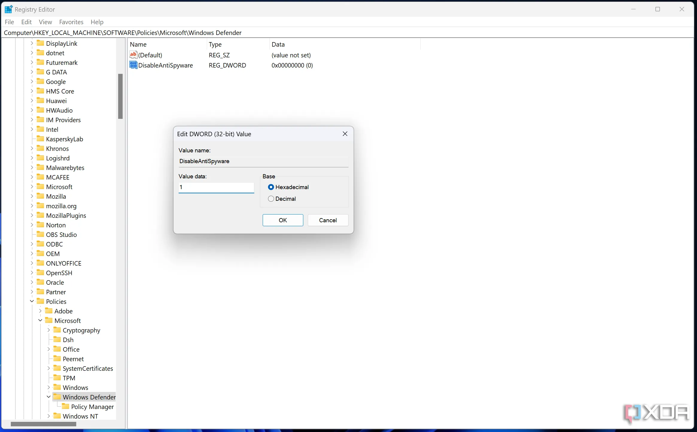 Ảnh chụp màn hình một giá trị trong Registry Editor