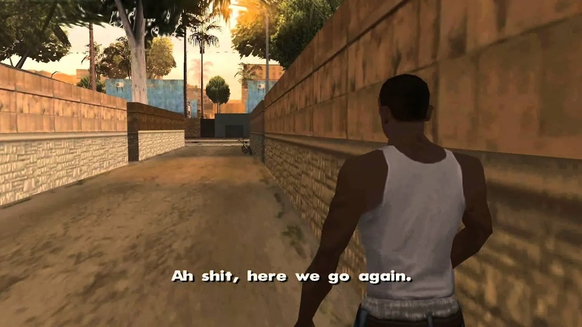 Ảnh chụp màn hình nhân vật CJ đang tự nói trong Grand Theft Auto San Andreas, khởi nguồn của meme &quot;Ah shit... here we go again...&quot;.