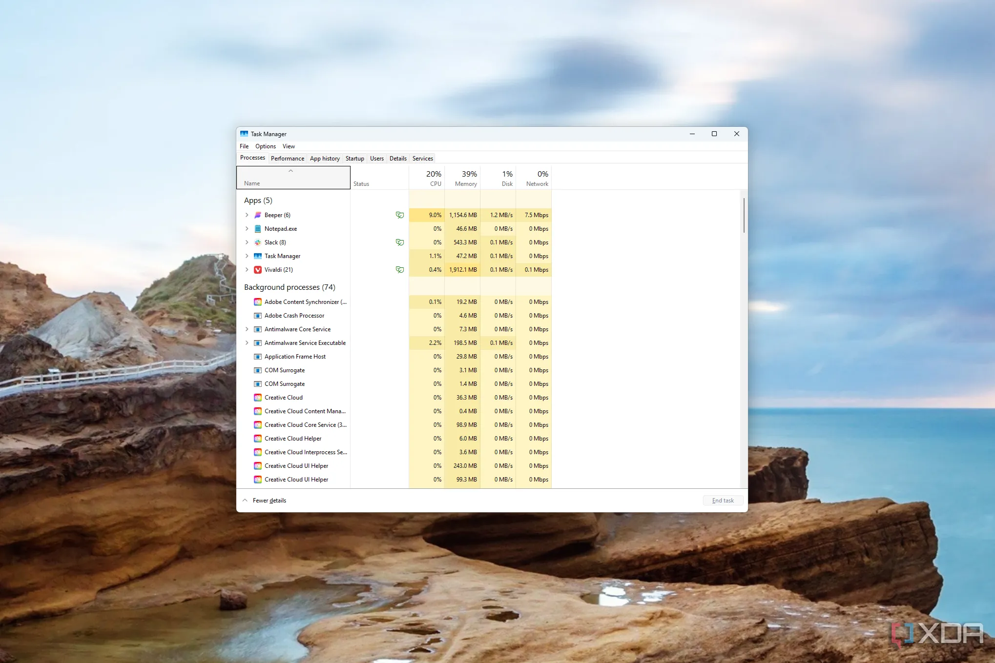 Ảnh chụp màn hình Task Manager với giao diện cổ điển trên Windows 11, hiển thị hiệu suất hệ thống bị ảnh hưởng