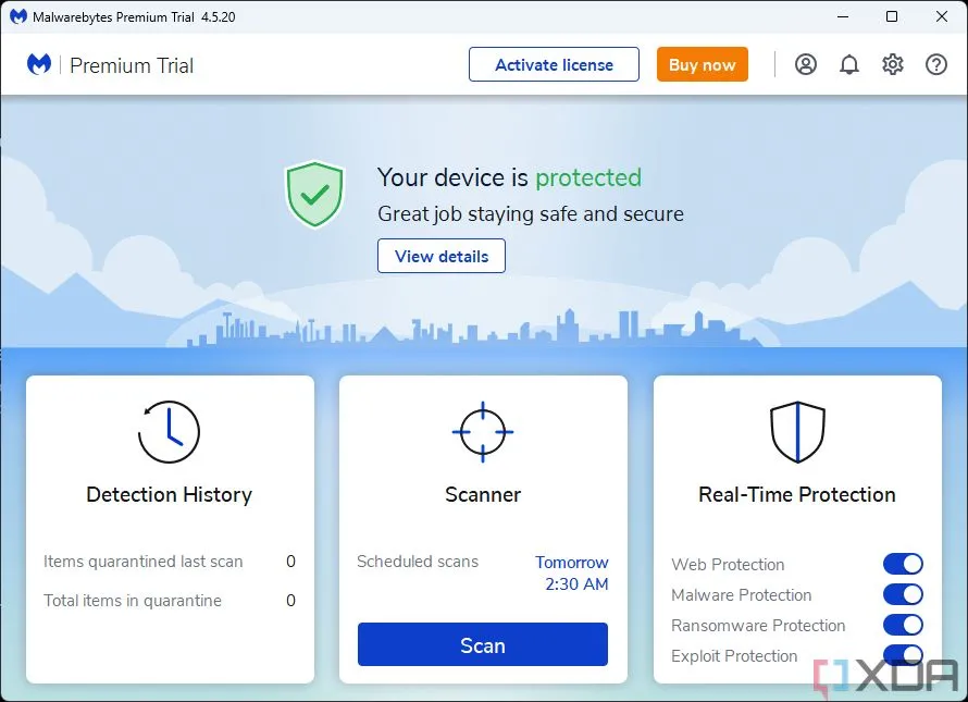 Ảnh chụp màn hình trang chủ của Malwarebytes