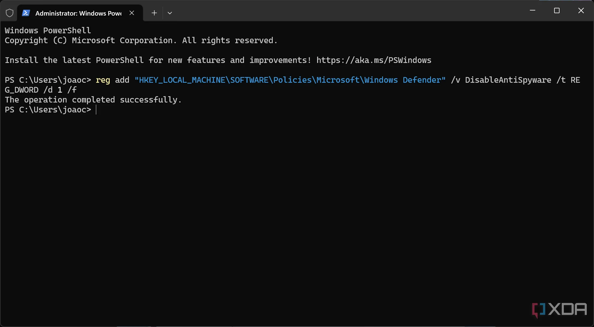 Ảnh chụp màn hình Windows Terminal hiển thị lệnh vô hiệu hóa Microsoft Defender