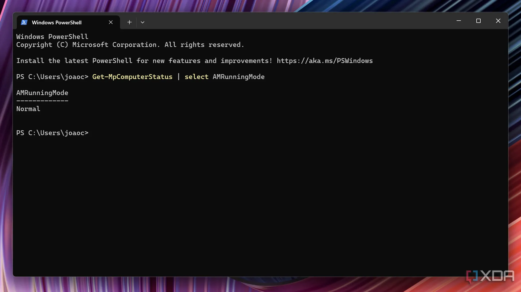 Ảnh chụp màn hình Windows Terminal sau khi chạy lệnh để xác minh trạng thái hiện tại của Microsoft Defender