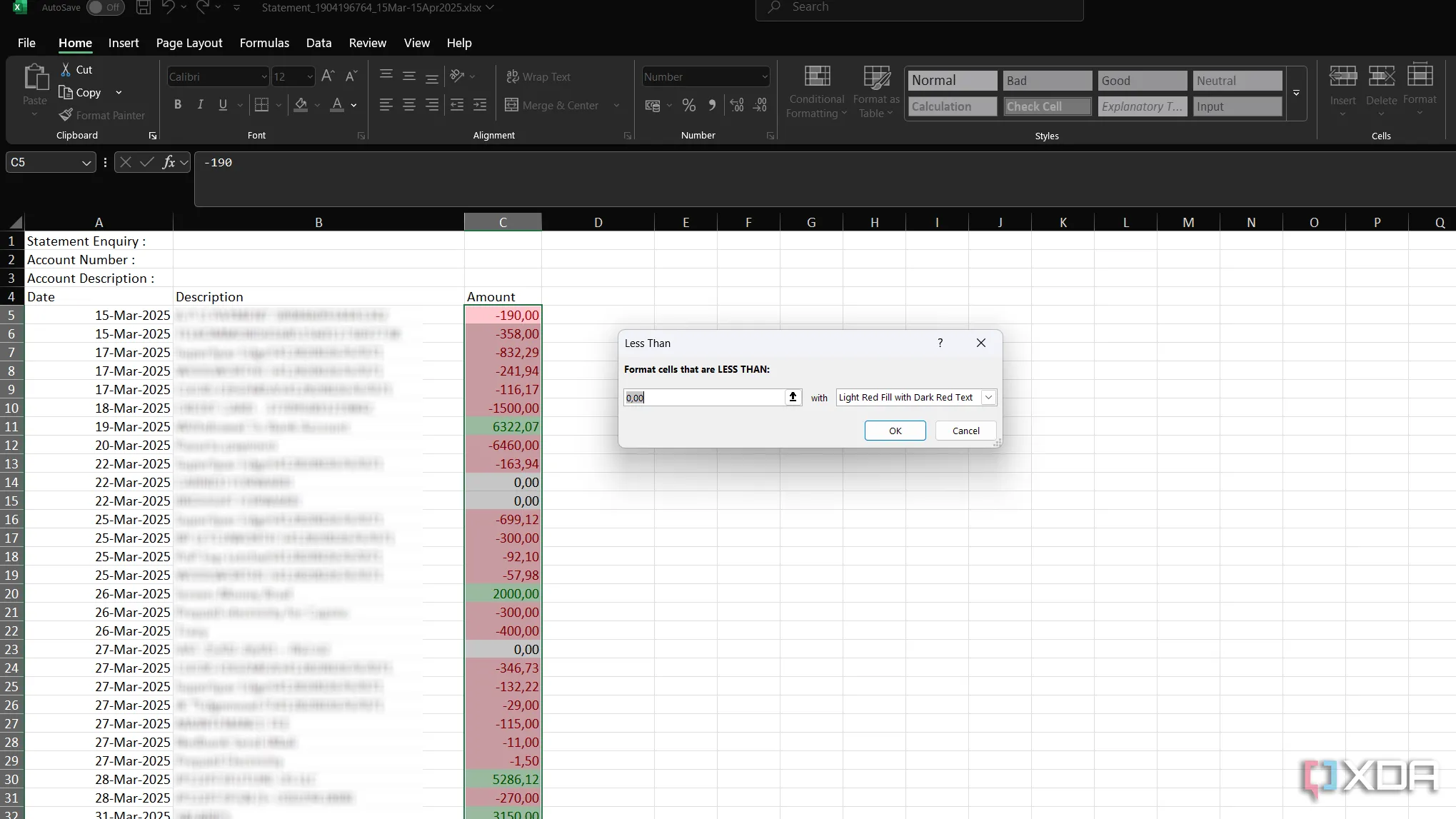 Áp dụng định dạng Nhỏ hơn trong Excel để làm nổi bật các khoản chi tiêu