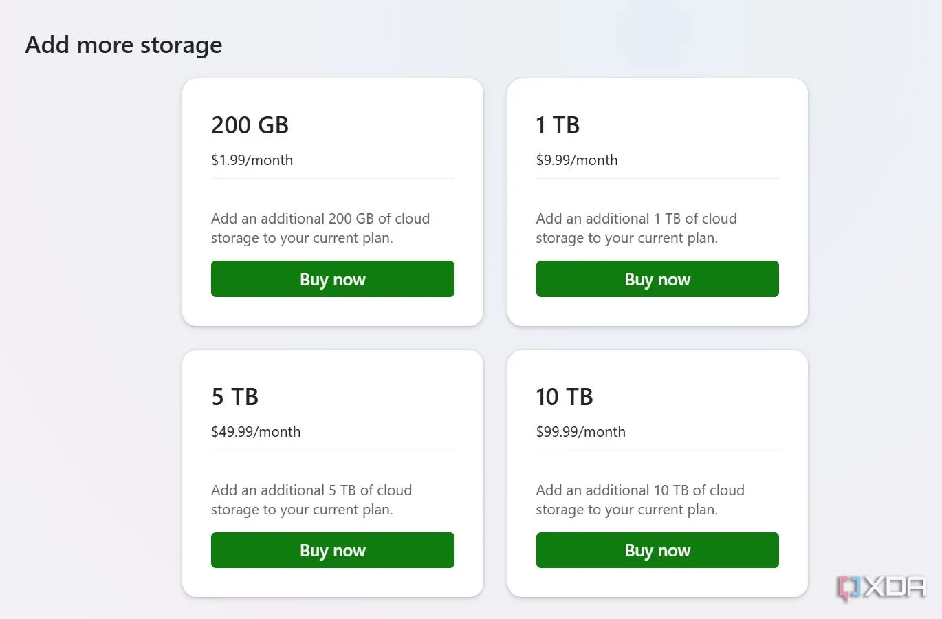 Bảng giá và các gói dịch vụ lưu trữ OneDrive của Microsoft, bao gồm gói 100GB và Microsoft 365 với 1TB dung lượng