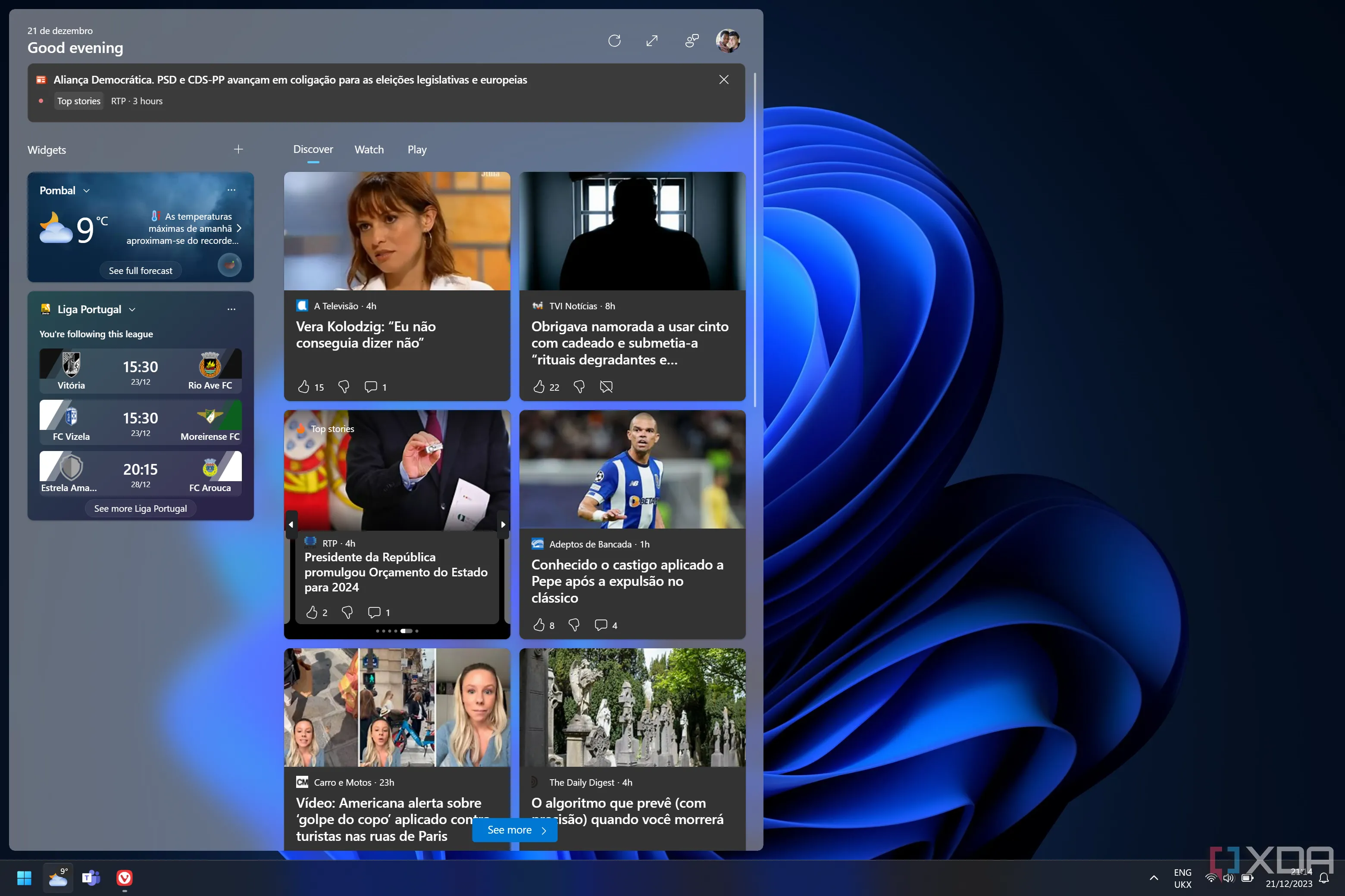 Bảng Widget trên Windows 11 hiển thị tin tức và thông tin tổng hợp.