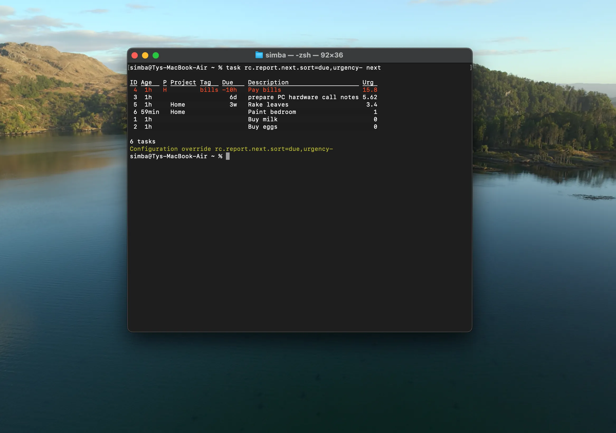 Báo cáo Taskwarrior trên macOS với các tác vụ và trạng thái