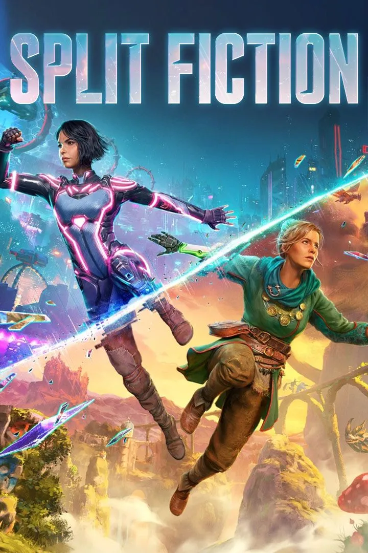 Bìa nghệ thuật game Split Fiction với hai nhân vật chính Zoe và Mio đứng giữa cảnh quan hòa trộn giữa thế giới thần thoại và khoa học viễn tưởng