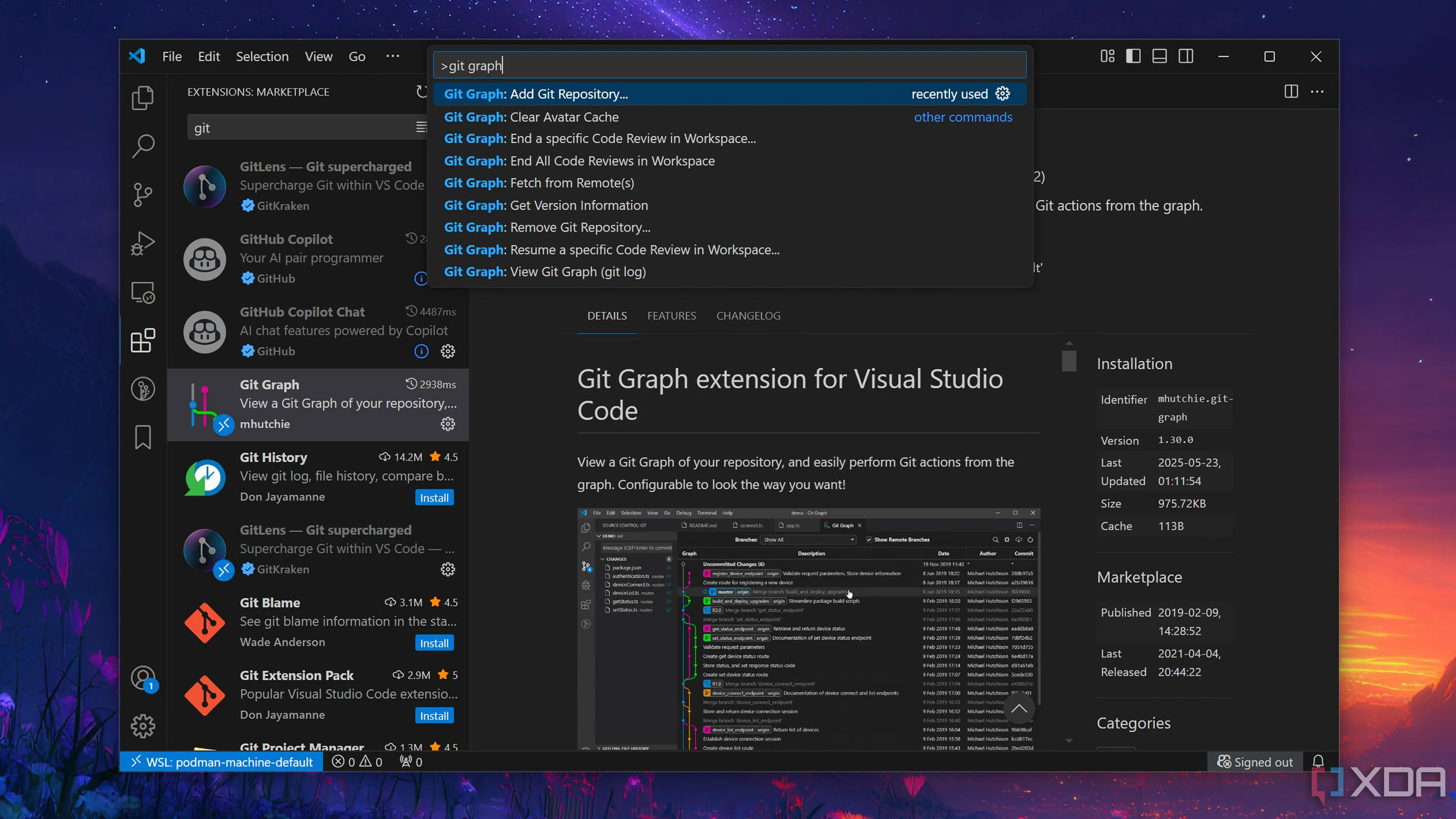 Biểu đồ Git Graph hiển thị lịch sử các nhánh và cam kết trong VS Code, giúp quản lý phiên bản Git trực quan hơn.