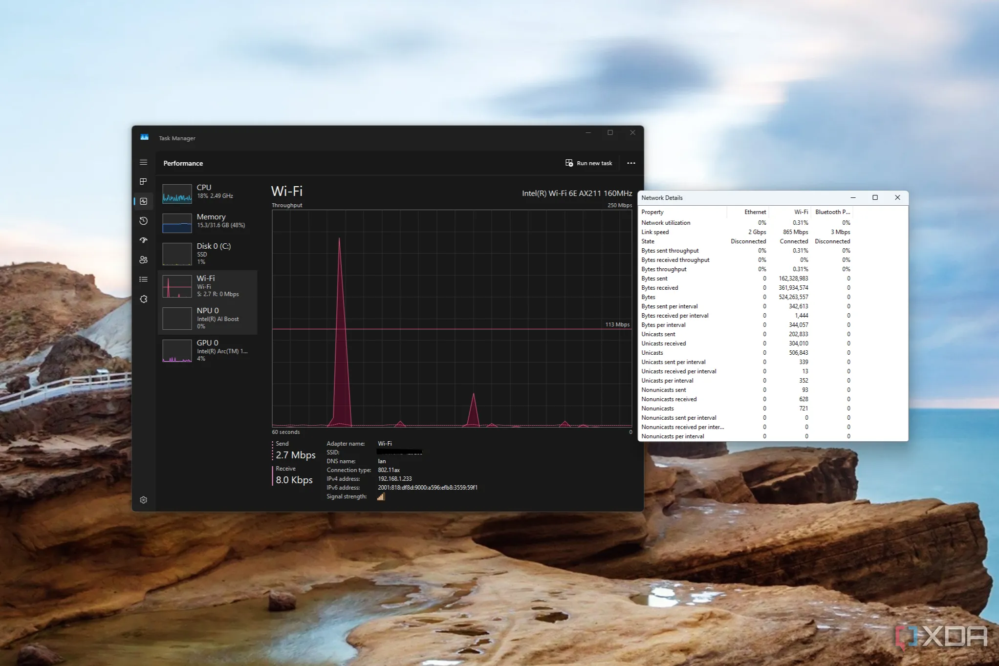 Biểu đồ mạng và cửa sổ Chi tiết mạng trong Trình quản lý Tác vụ Windows 11
