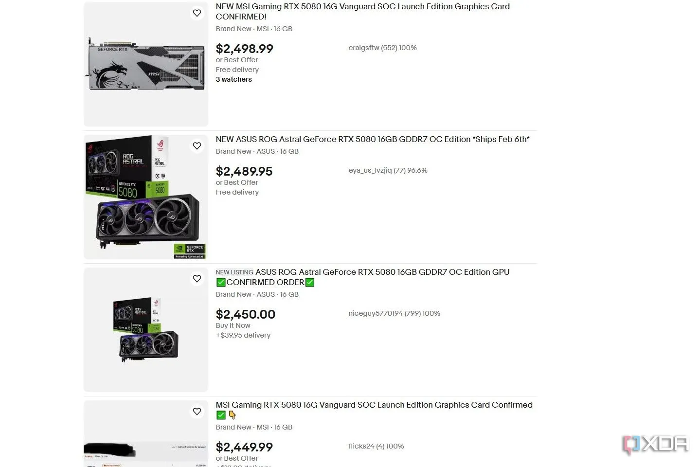 Các danh sách bán card đồ họa NVIDIA RTX 5080 trên eBay với giá cao, thể hiện tình trạng đầu cơ thị trường.