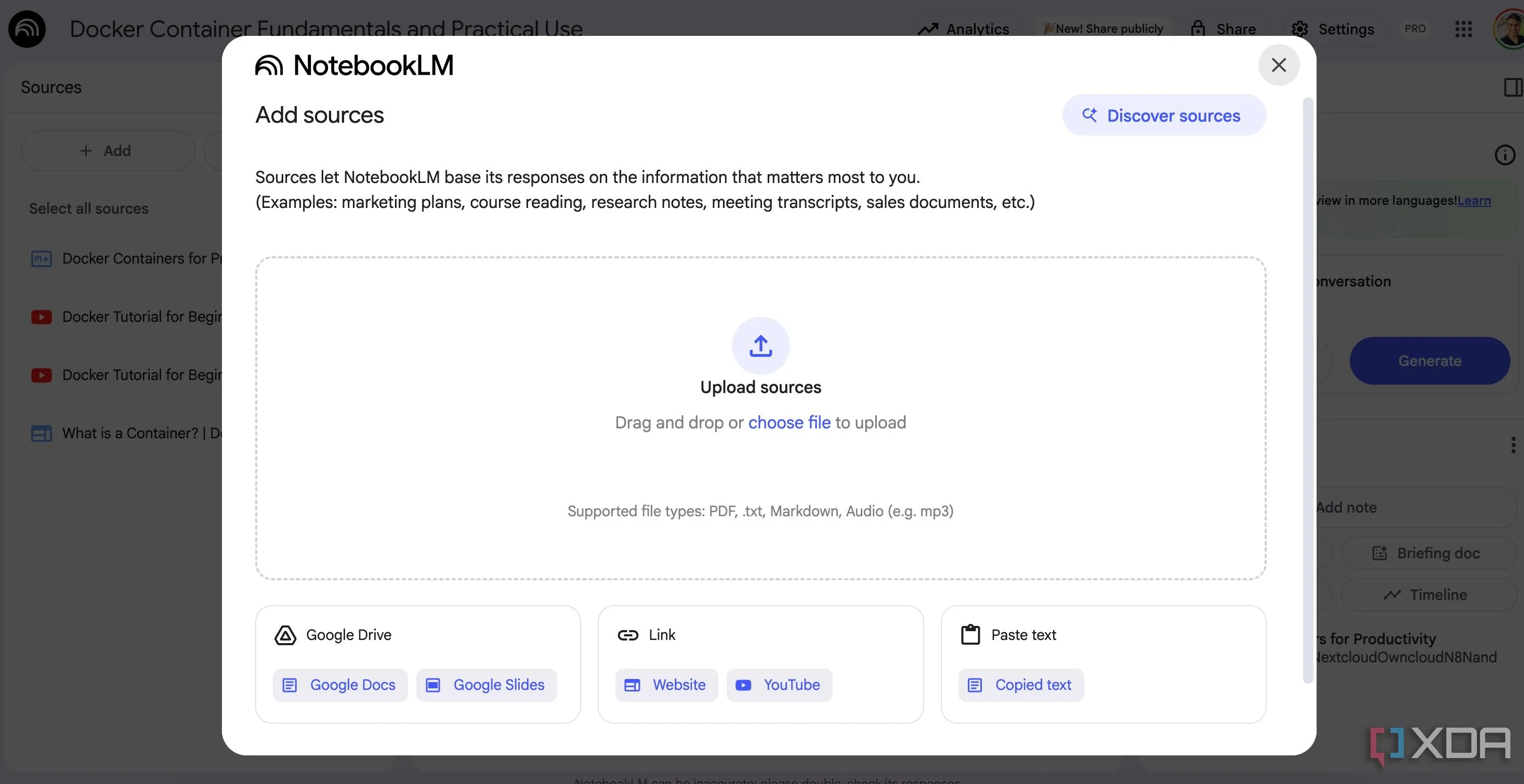 Các nguồn dữ liệu (Google Docs, Slides, file Markdown) được thêm vào NotebookLM để quản lý kiến thức