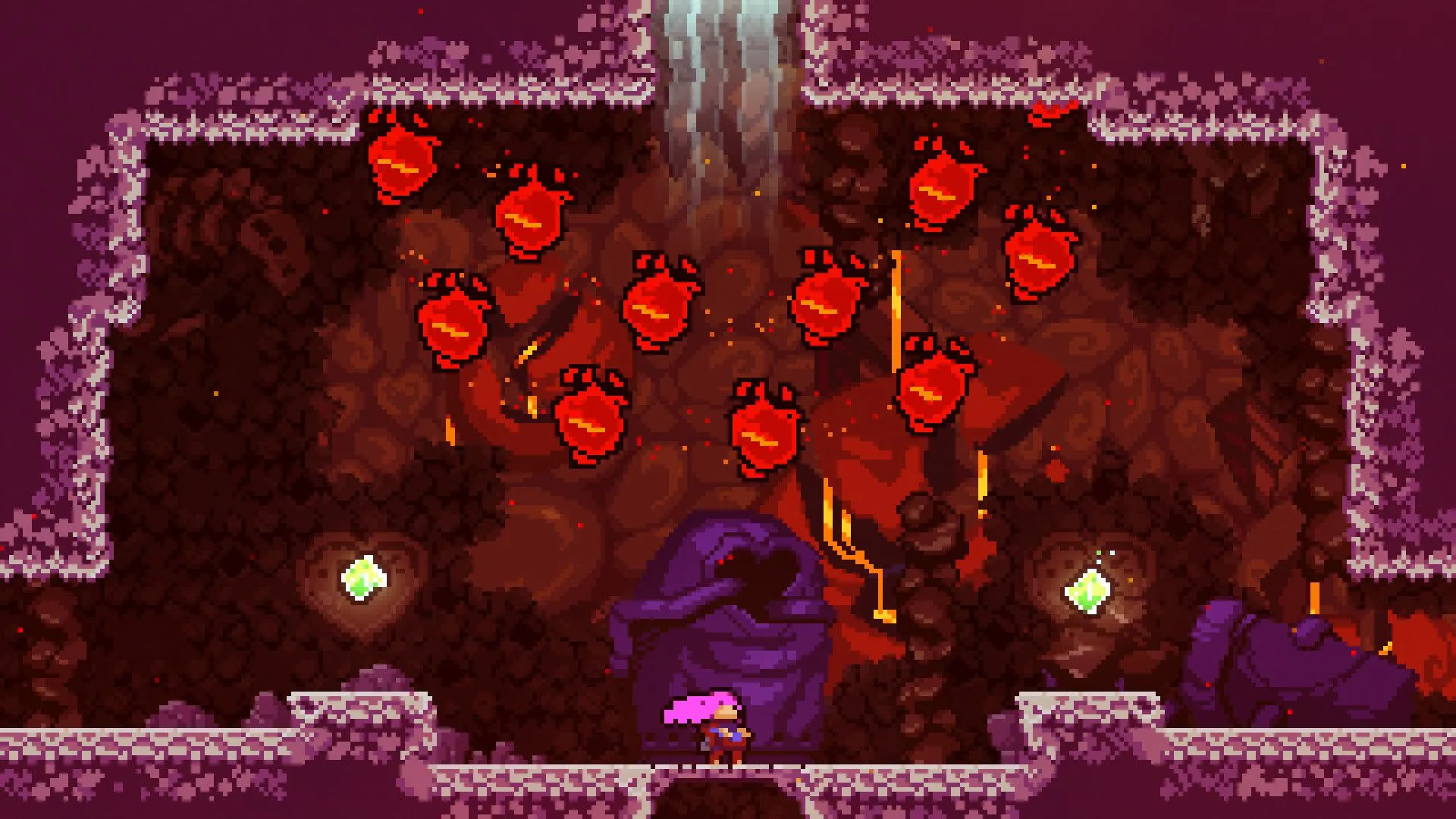 Các quả cầu đỏ bí ẩn bay về phía Madeline trong một cảnh game đầy thử thách, gợi cảm giác áp lực