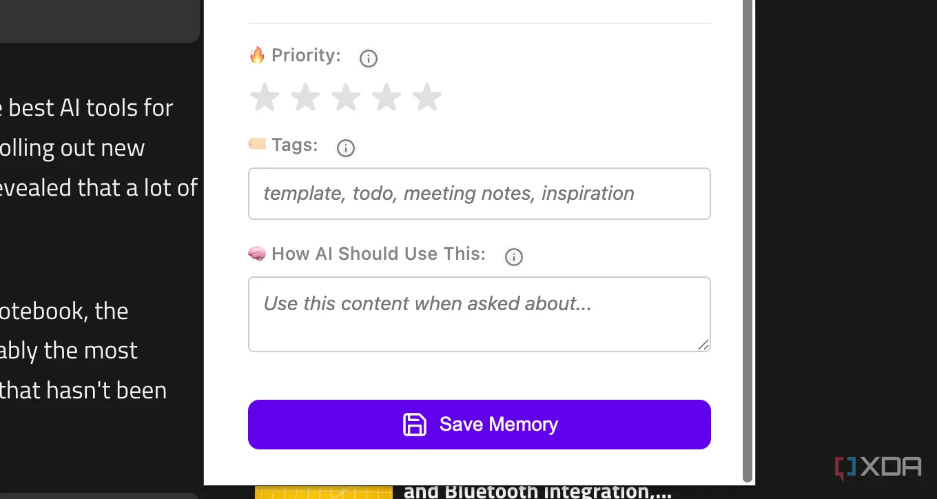 Các tùy chọn cài đặt ưu tiên, thẻ tag và hướng dẫn AI tùy chỉnh trong Myndo Chrome Extension