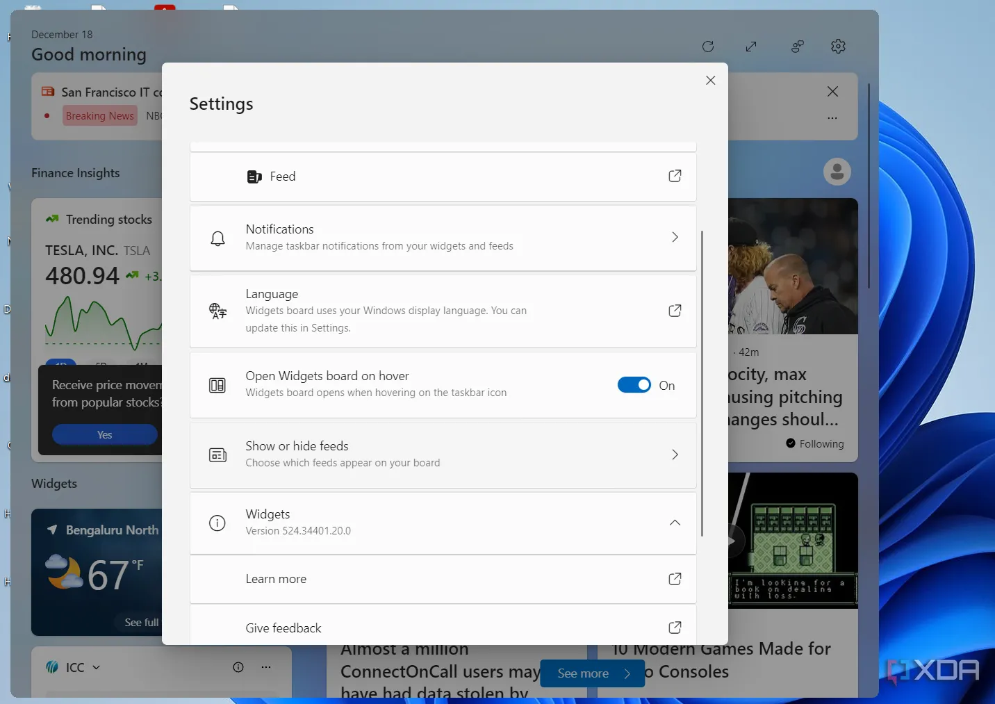 Cài đặt bảng Widget Windows 11, hiển thị tùy chọn tắt nguồn cấp tin tức.