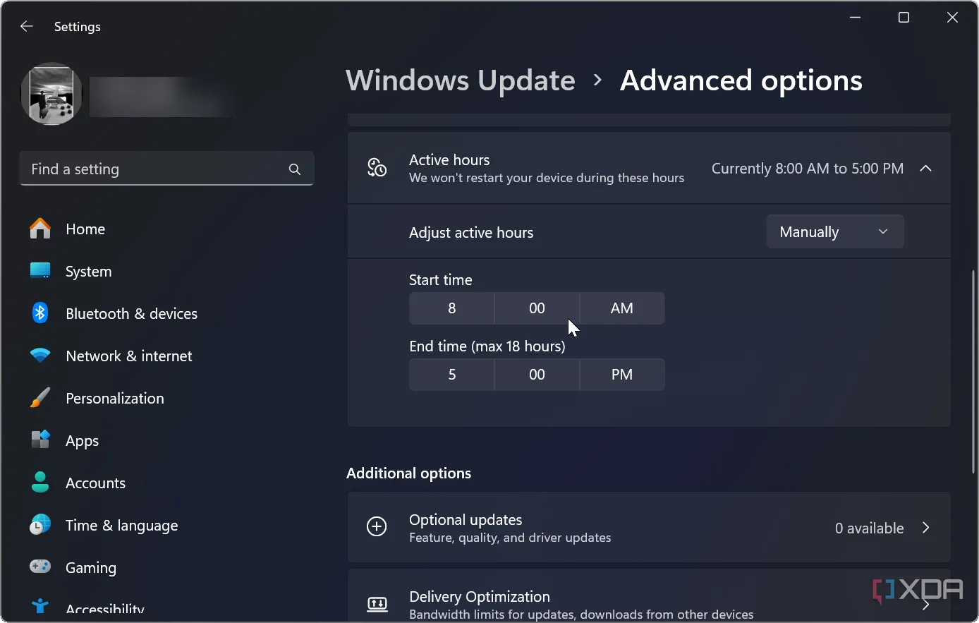 Cài đặt Giờ hoạt động (Active Hours) trong Windows 11, cho phép người dùng định cấu hình thời gian sử dụng máy tính để hệ thống không tự động khởi động lại.