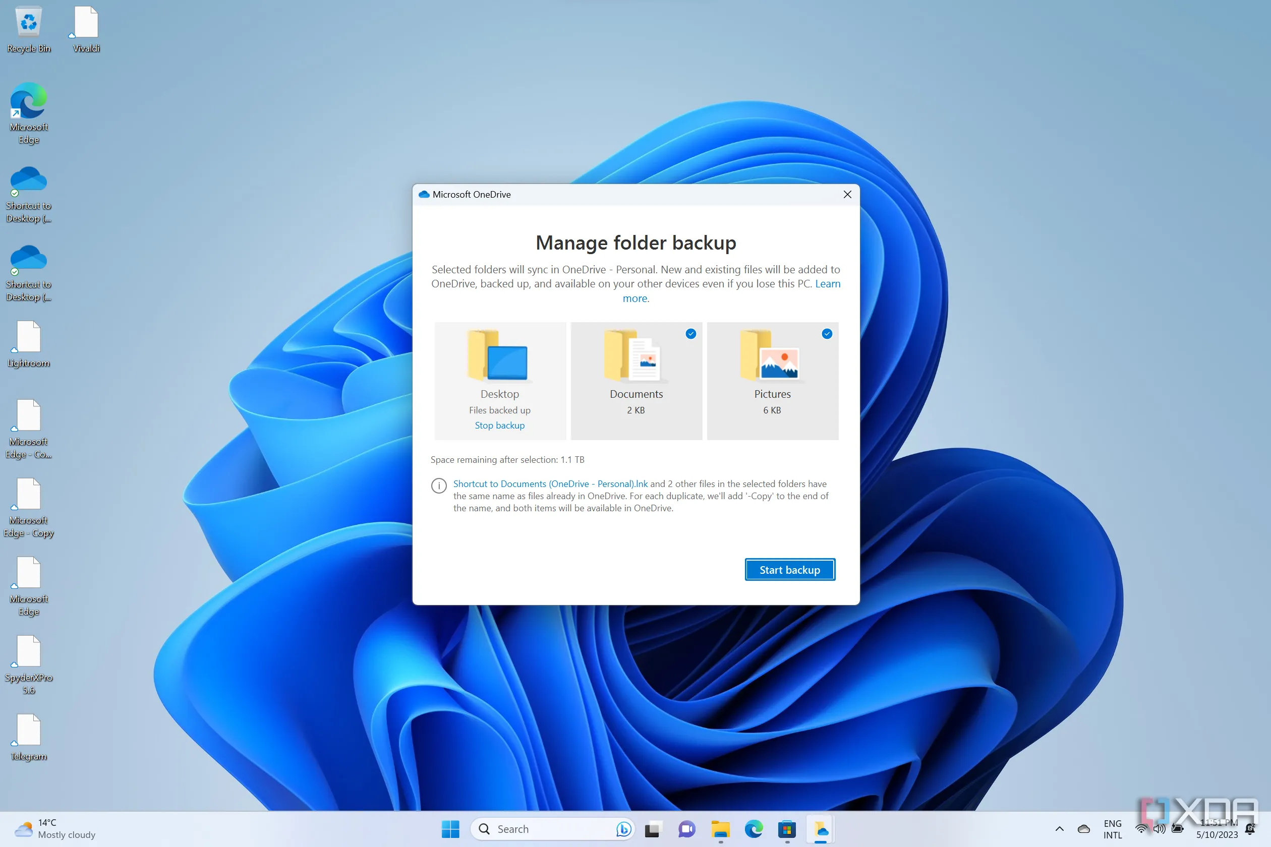 Cài đặt sao lưu thư mục OneDrive trên Windows 11, thể hiện sự phụ thuộc vào dịch vụ đám mây