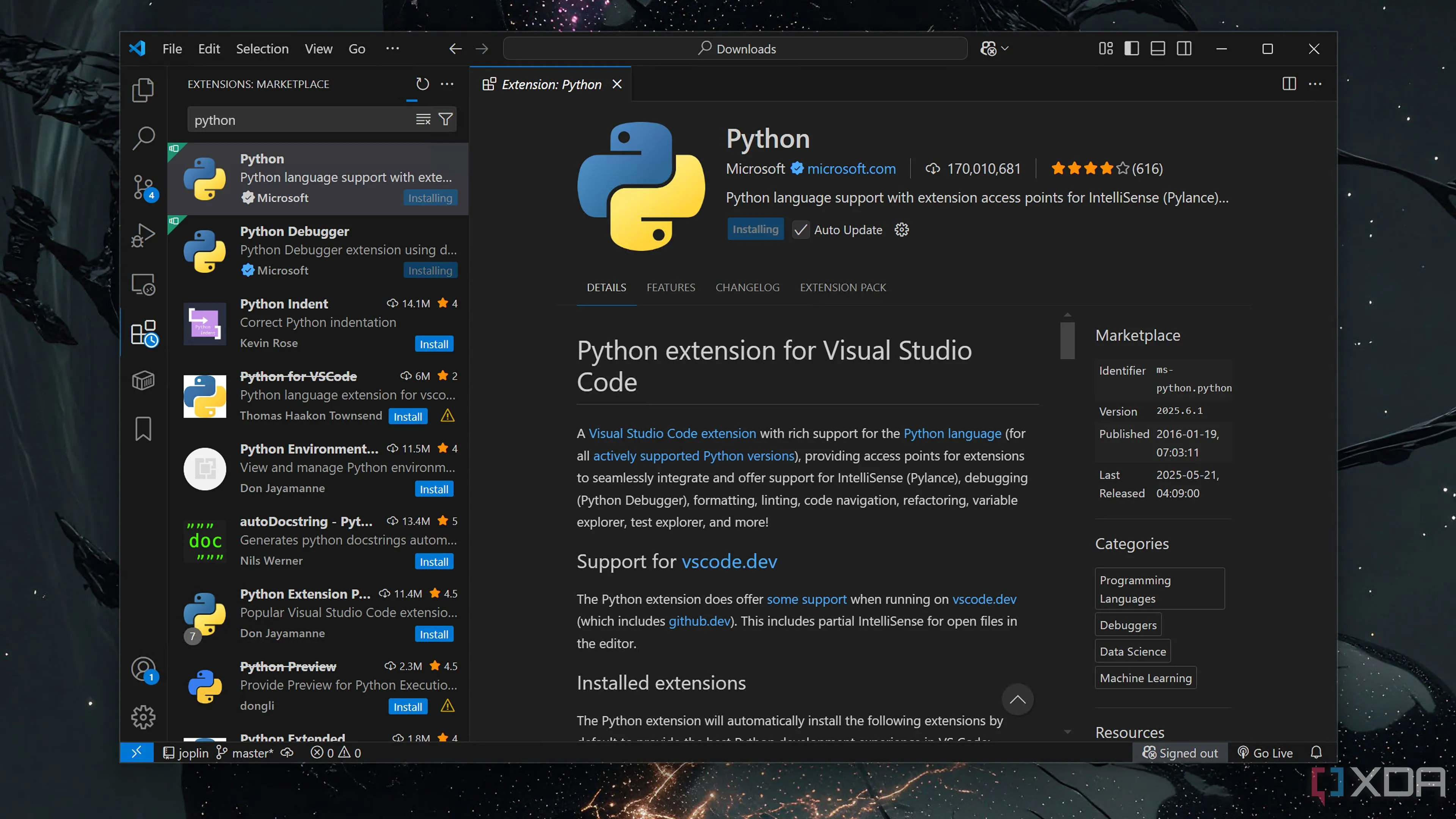 Cài đặt tiện ích mở rộng Python trong VS Code, cho phép phát triển ứng dụng Python với đầy đủ tính năng hỗ trợ.