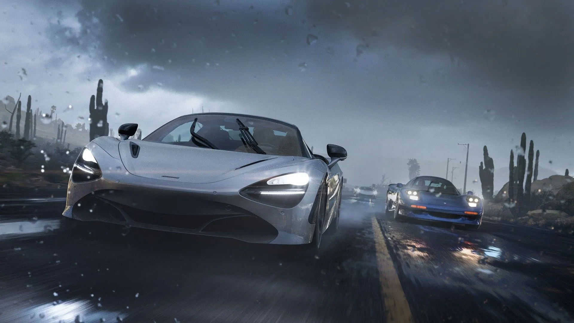 Cảnh đua xe trong Forza Horizon 5 dưới trời mưa lớn, thể hiện chi tiết đồ họa xe và môi trường chân thực.