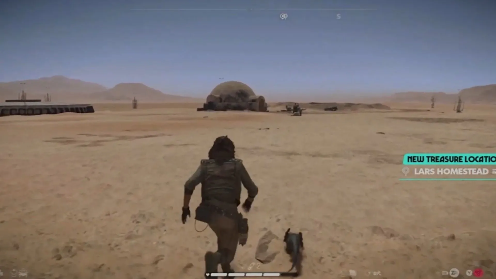 Cảnh gameplay tại khu nhà Lars Homestead trên Tatooine trong Star Wars Outlaws, tái hiện địa điểm biểu tượng.