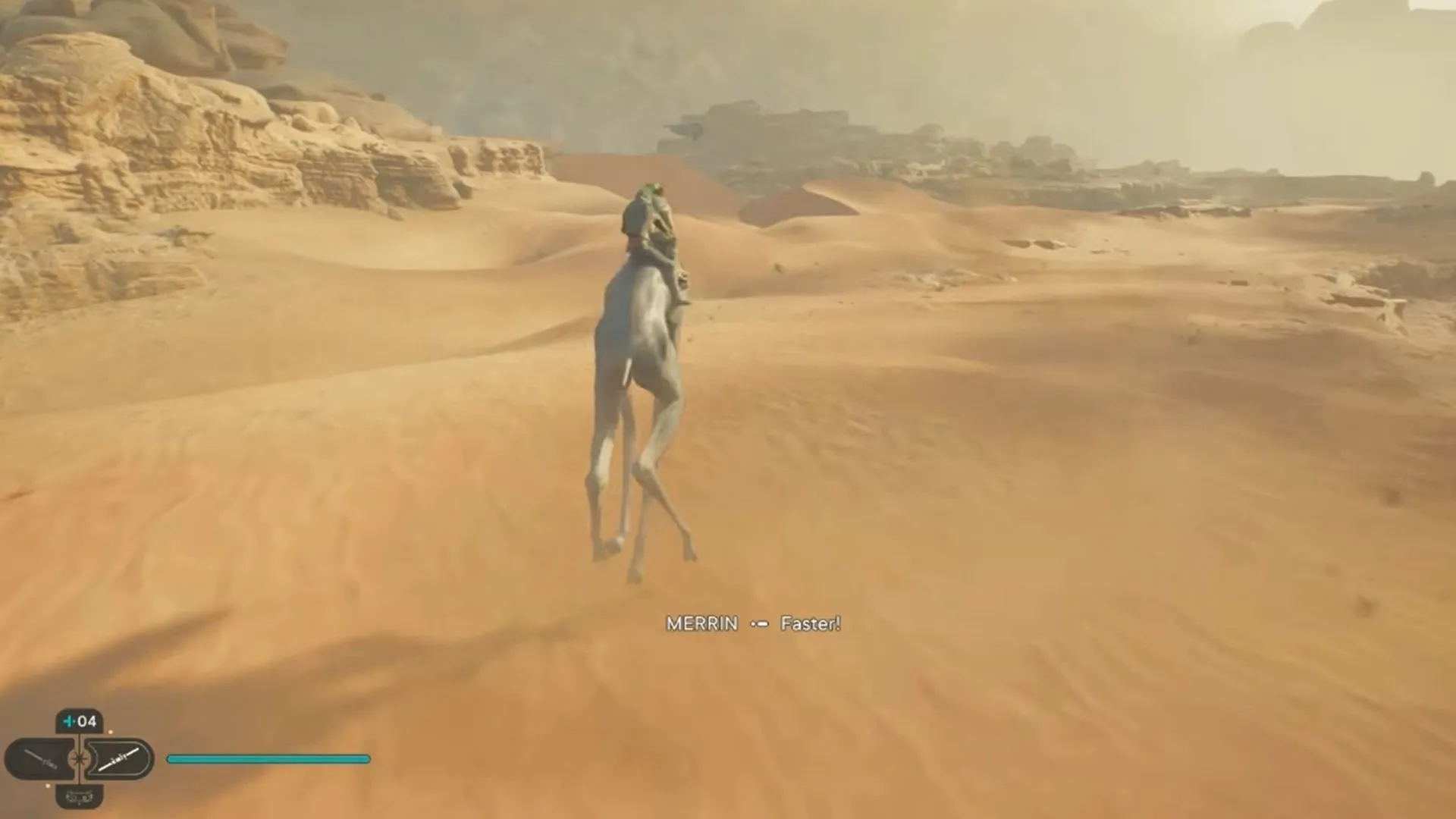 Cảnh khám phá hành tinh sa mạc Jedha trong Star Wars Jedi: Survivor, thể hiện môi trường rộng lớn.