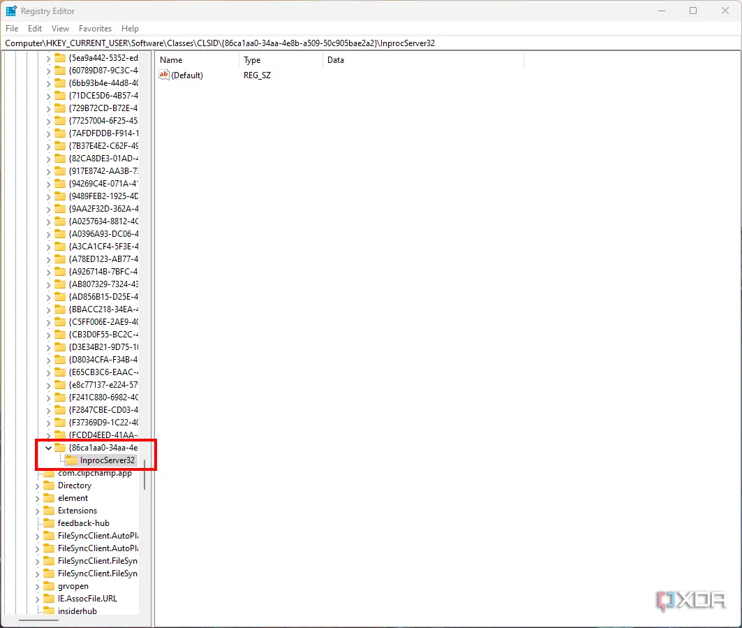 Cấu trúc thư mục CLSID và InprocServer32 trong Registry Editor Windows 11