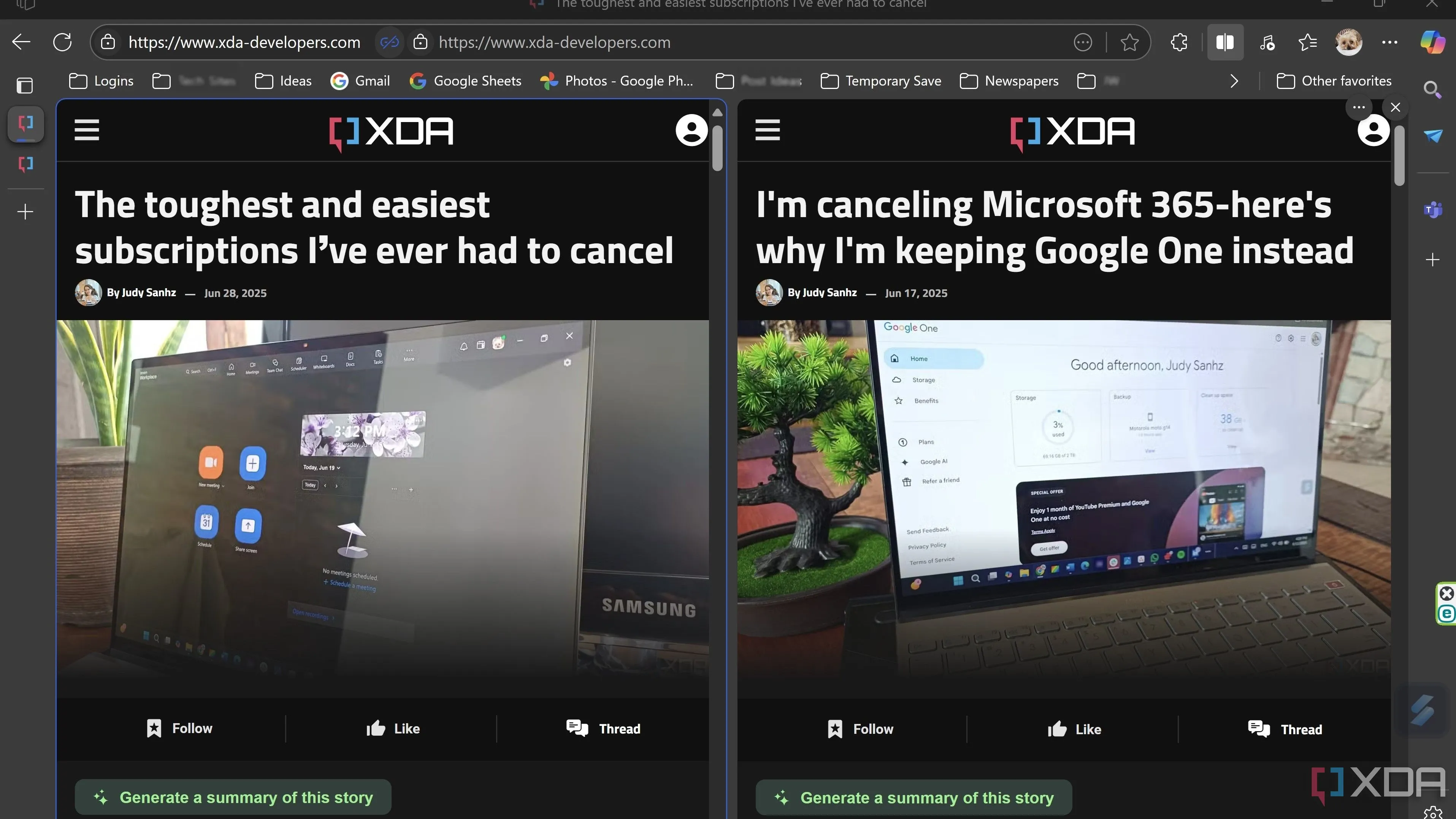 Chế độ chia màn hình Split Screen của Microsoft Edge, hiển thị hai trang web cạnh nhau trong cùng một cửa sổ trình duyệt.