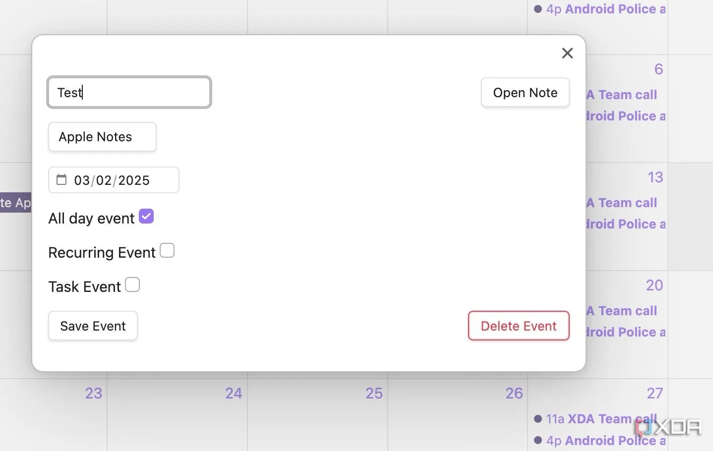 Chi tiết cửa sổ tạo sự kiện mới trong Full Calendar plugin, cho phép thiết lập tên, ngày, giờ và thuộc tính