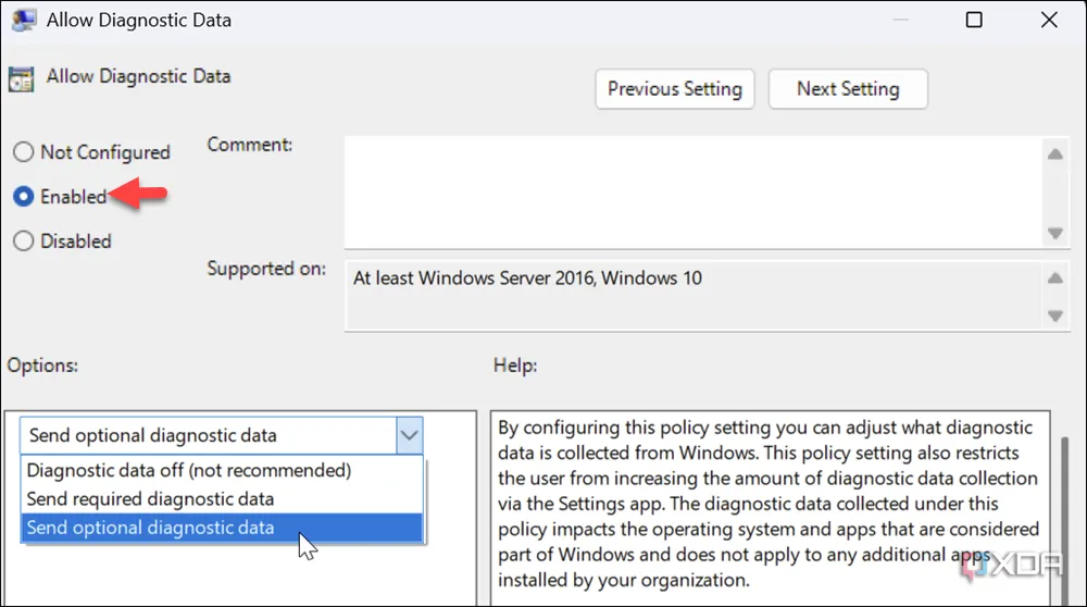 Chính sách cho phép dữ liệu chẩn đoán trong Group Policy Editor