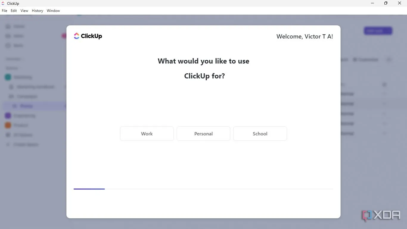 Chọn loại dự án bạn muốn quản lý với ClickUp: Công việc, Cá nhân hoặc Học tập