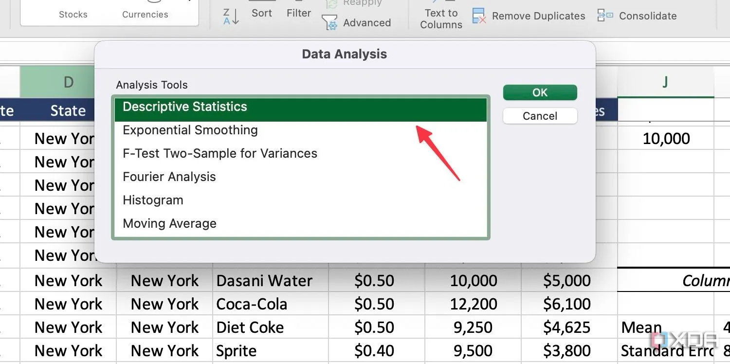 Cửa sổ Data Analysis (Phân tích dữ liệu) với tùy chọn Descriptive Statistics (Thống kê mô tả) trong Excel