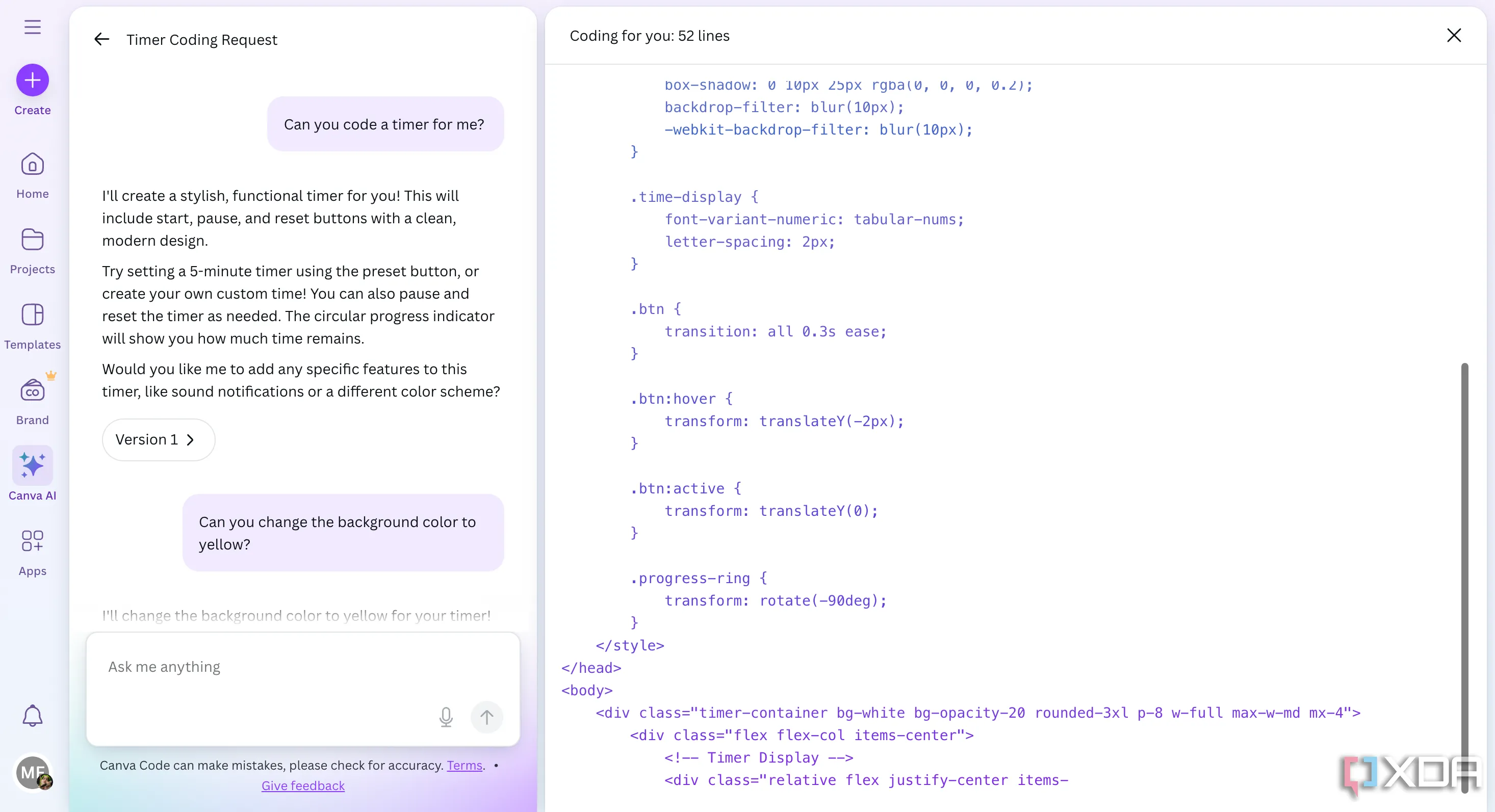 Đoạn mã được tạo tự động bởi Canva Code, cho phép người dùng có kinh nghiệm chỉnh sửa trực tiếp để tùy biến sâu hơn.