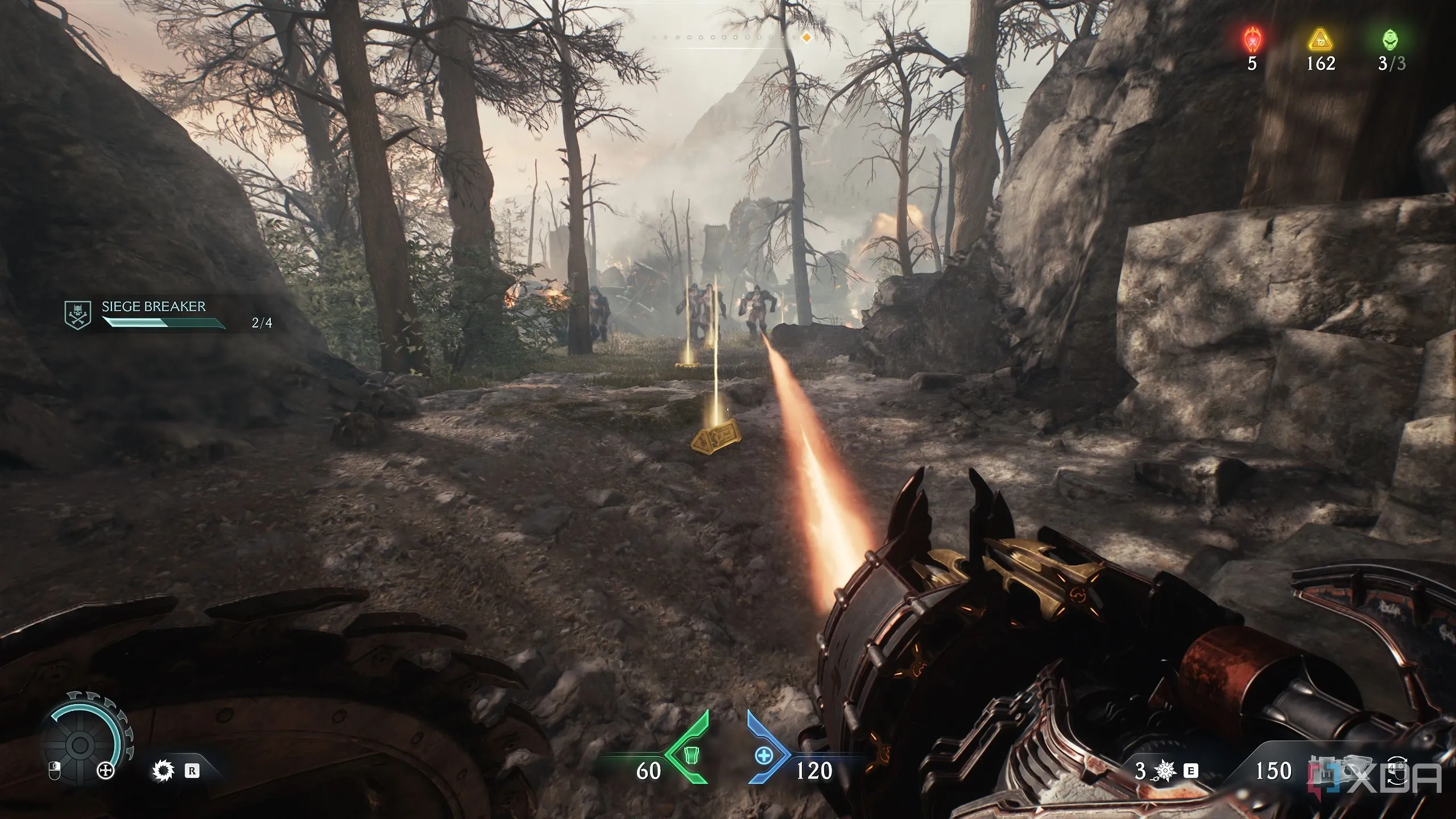 Doom Slayer chiến đấu với quỷ Soldier, với các thỏi vàng trên mặt đất dẫn lối trong khu vực bí mật 5.