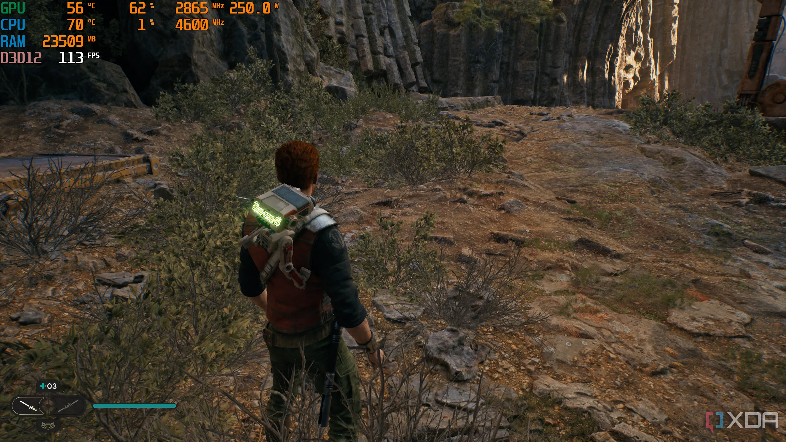 Game Jedi Survivor đang chạy trên PC với giao diện MSI Afterburner hiển thị thông số hiệu năng như mức sử dụng GPU và FPS, minh họa việc giám sát hiệu suất.