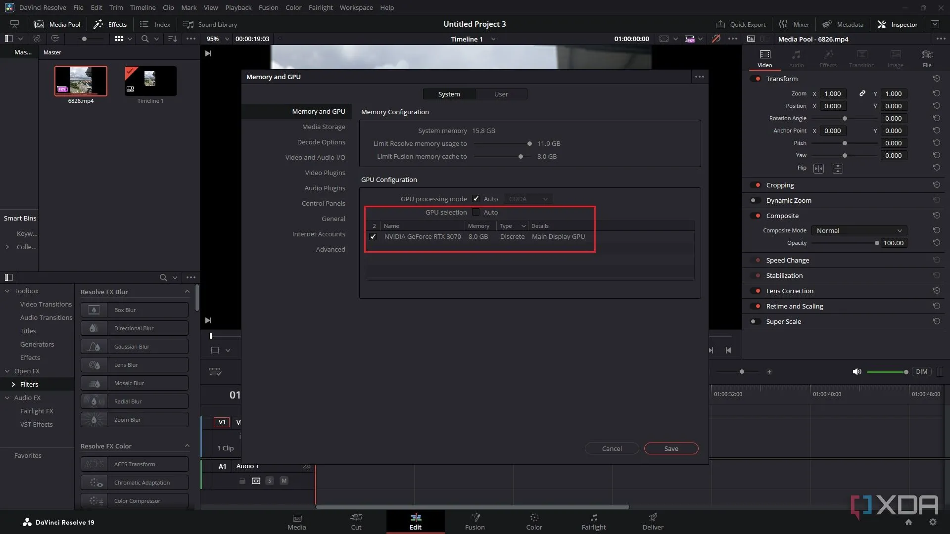 Giao diện cài đặt DaVinci Resolve hiển thị phần cấu hình GPU, nơi người dùng có thể tắt chế độ tự động và chọn GPU rời của mình