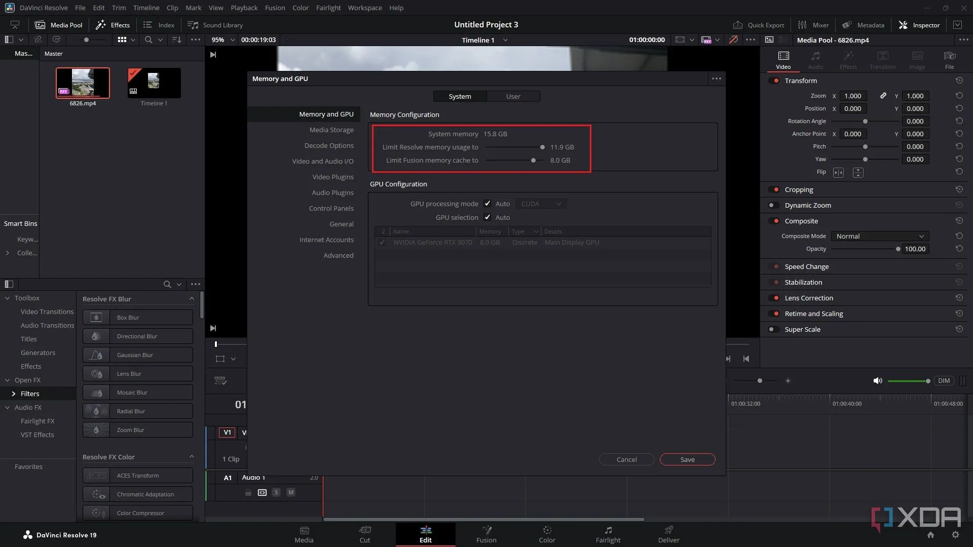 Giao diện cài đặt DaVinci Resolve hiển thị phần Memory and GPU, nơi người dùng có thể điều chỉnh lượng RAM được phân bổ cho Resolve