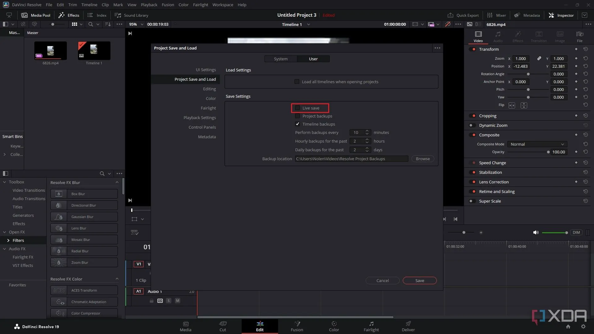 Giao diện cài đặt DaVinci Resolve hiển thị tùy chọn Live Save, với hộp kiểm được bỏ chọn để vô hiệu hóa tính năng này