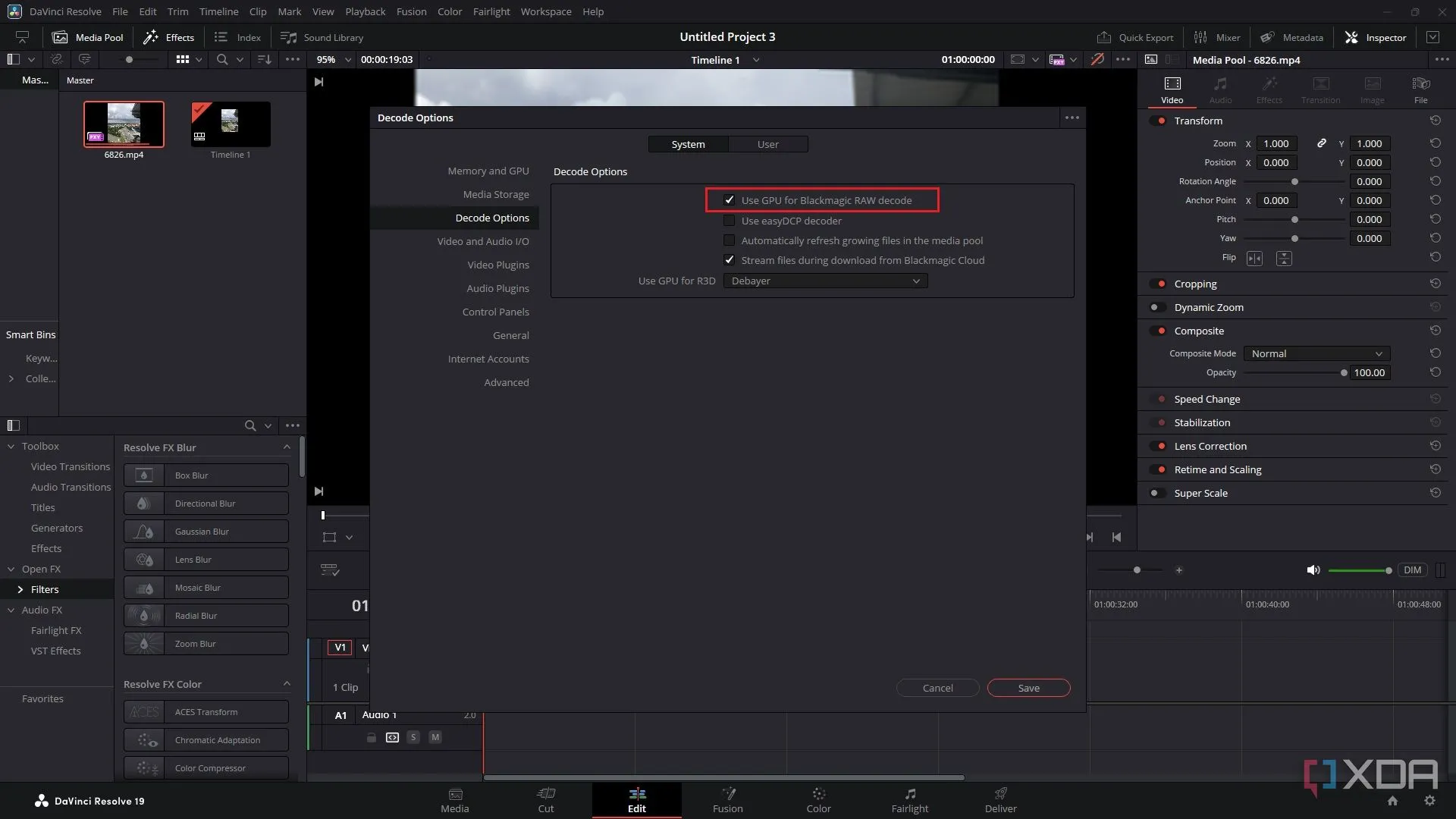 Giao diện cài đặt DaVinci Resolve hiển thị tùy chọn &quot;Use GPU for Blackmagic RAW decode&quot; trong phần Decode Options, với hộp kiểm được chọn