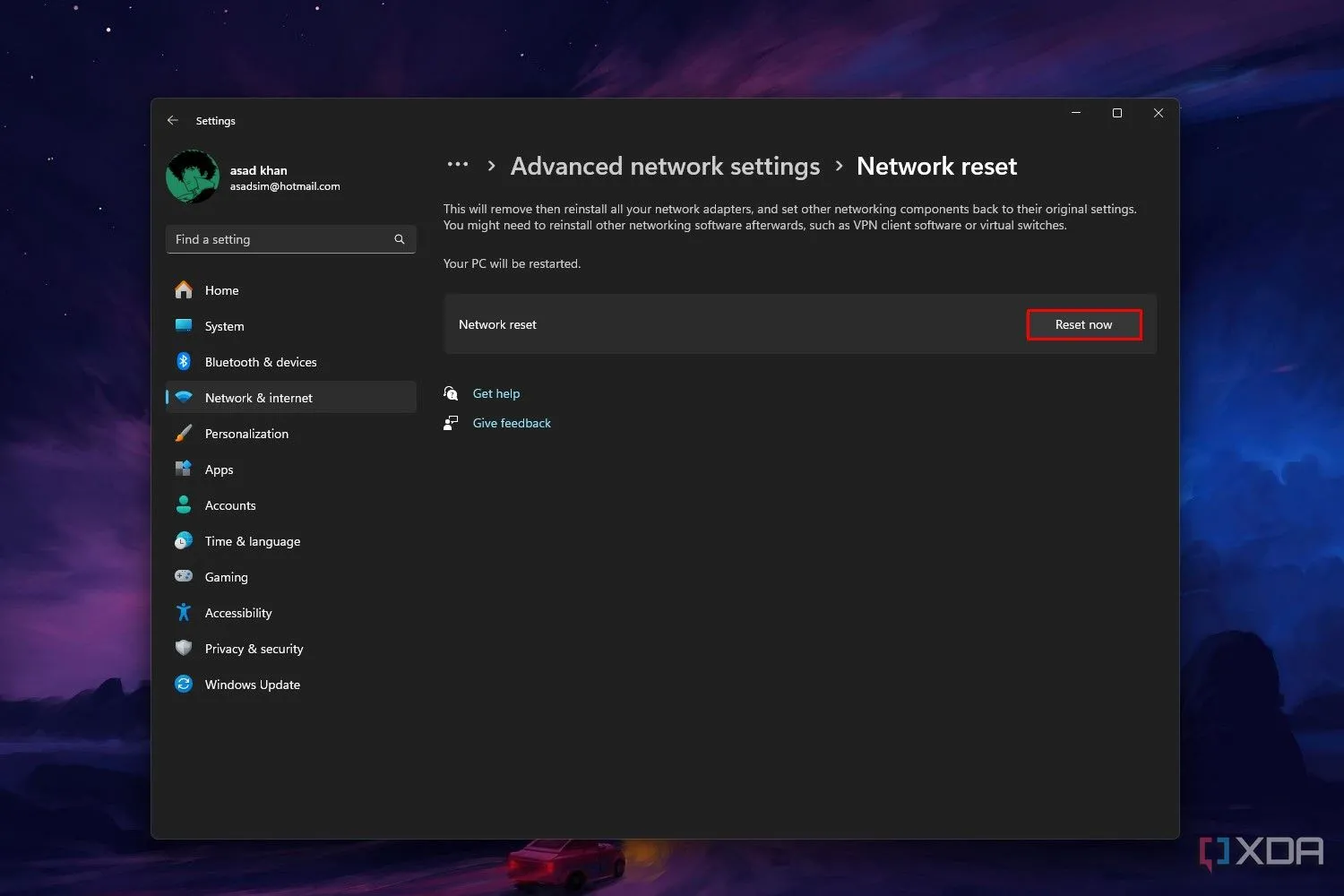 Giao diện cài đặt Network Reset trong Windows 11, hiển thị nút &quot;Reset now&quot; để đặt lại cấu hình mạng.