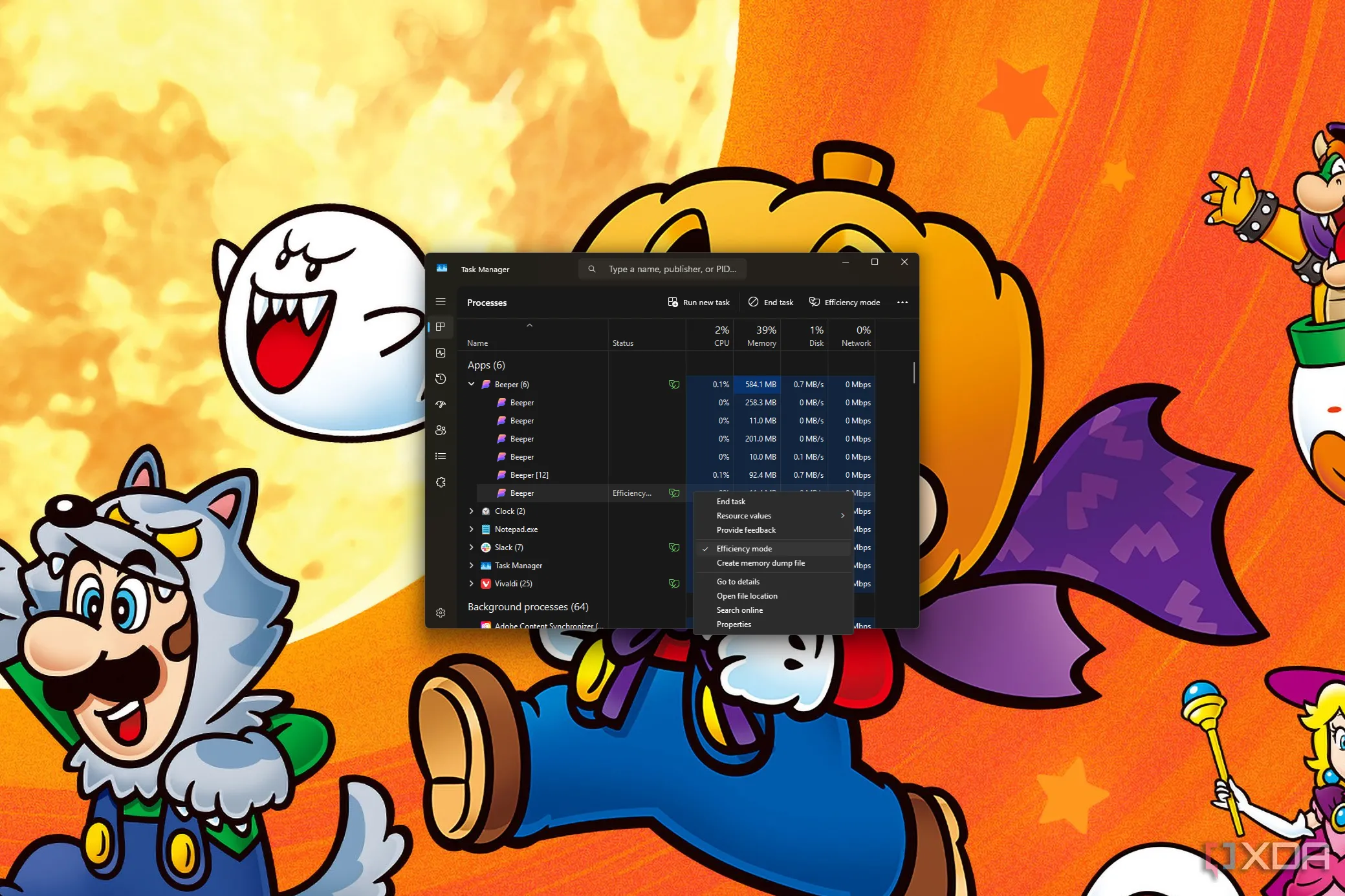 Giao diện chính của Trình quản lý Tác vụ (Task Manager) trên Windows 11 hiển thị một ứng dụng đang chạy ở chế độ hiệu quả
