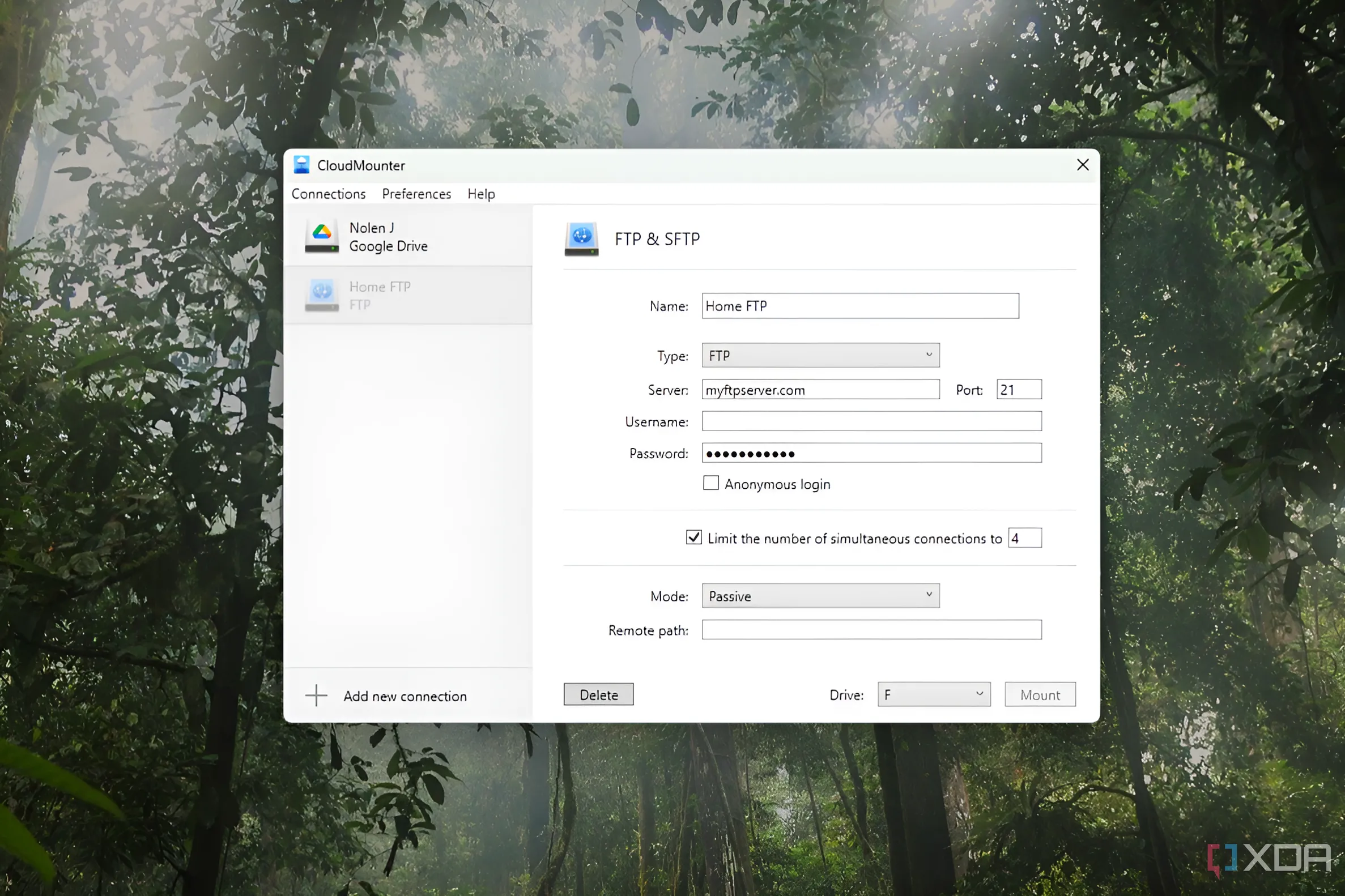 Giao diện CloudMounter hiển thị tùy chọn thêm kết nối FTP, SFTP hoặc WebDAV vào phần mềm