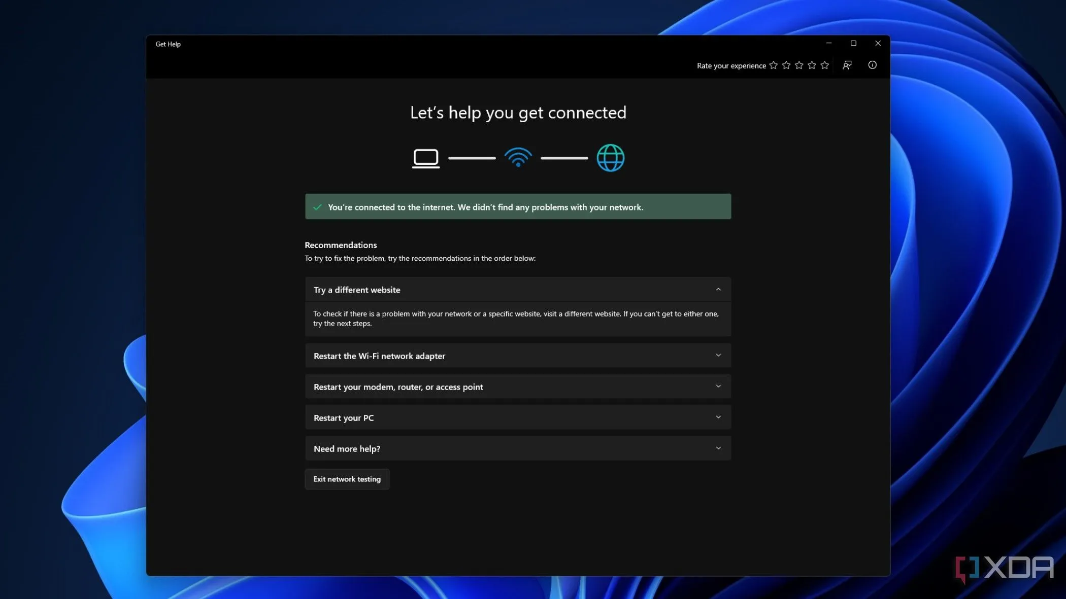 Giao diện công cụ chẩn đoán mạng trong Cài đặt Windows 11, hiển thị các đề xuất khắc phục sự cố kết nối Internet.
