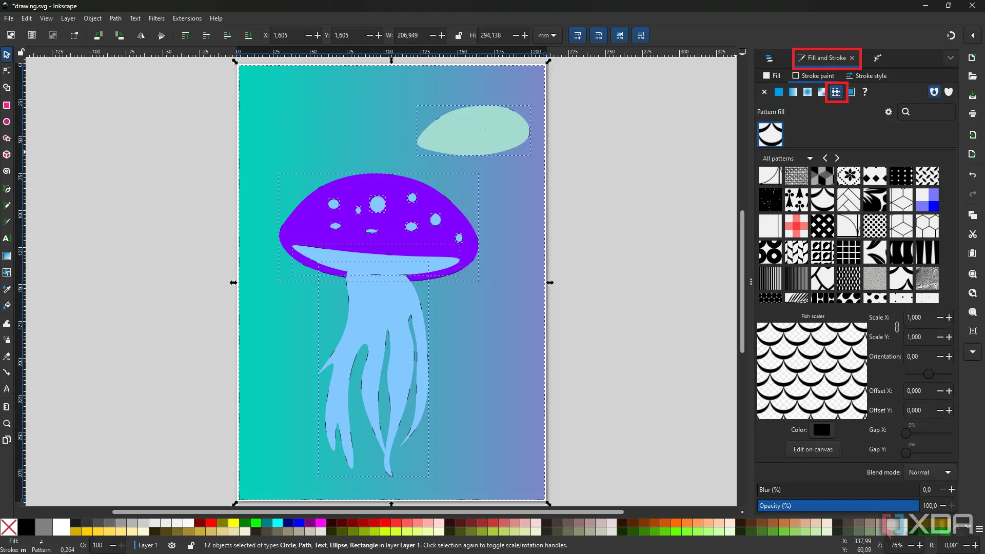 Giao diện công cụ tạo họa tiết của Inkscape, minh họa cách tạo các mẫu nền liền mạch cho thiết kế vector.