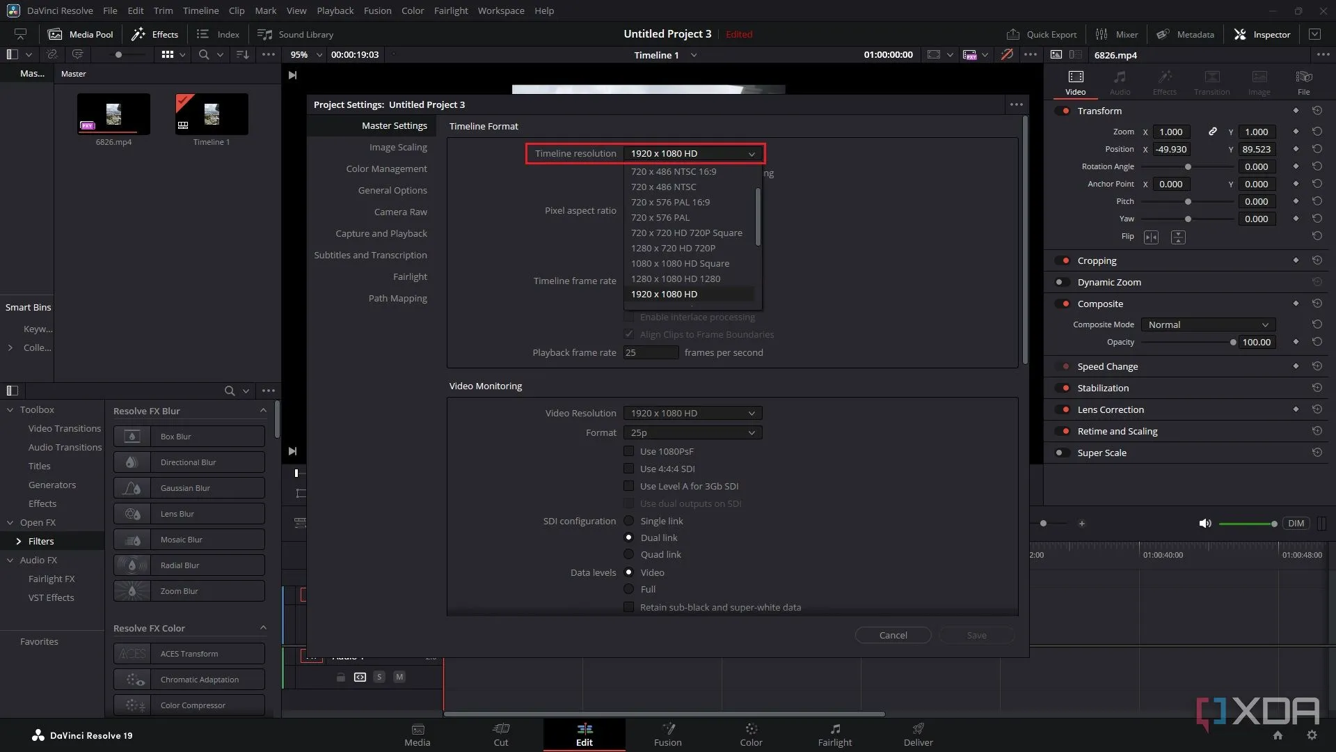 Giao diện DaVinci Resolve hiển thị cài đặt độ phân giải dòng thời gian, với tùy chọn được chọn là 1920x1080