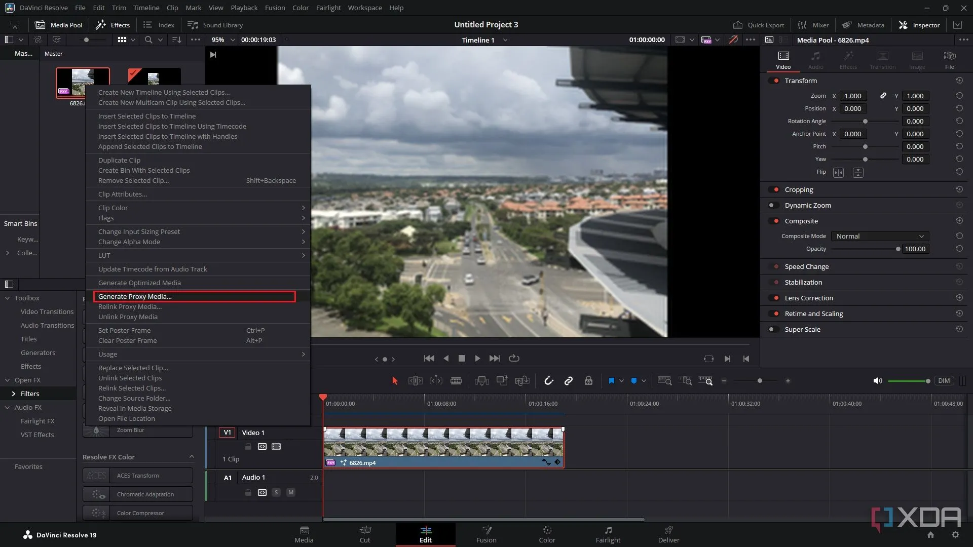 Giao diện DaVinci Resolve hiển thị menu Media Pool với tùy chọn Generate Proxy Media