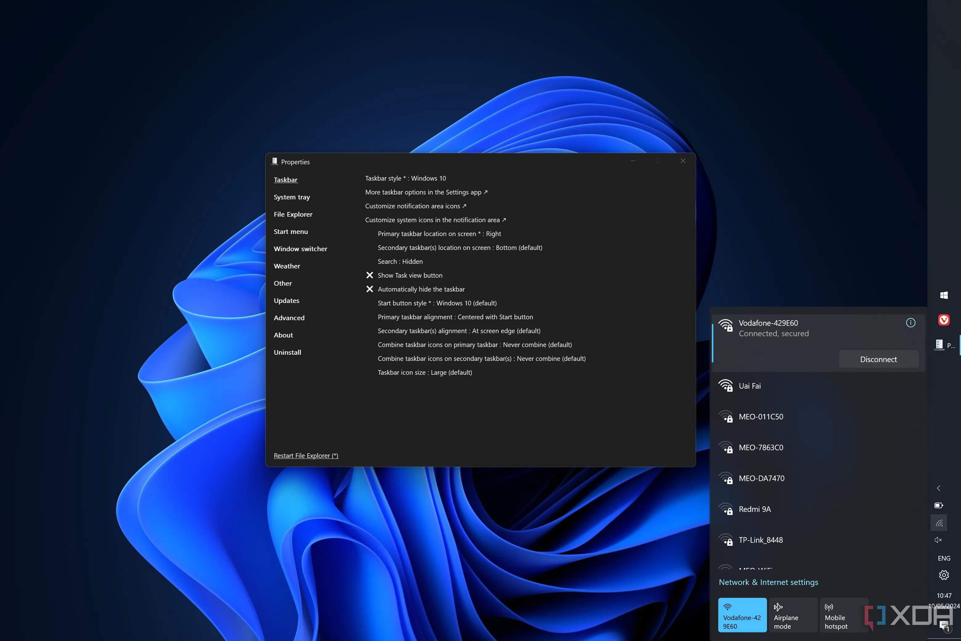 Giao diện ExplorerPatcher hiển thị các tùy chọn Taskbar
