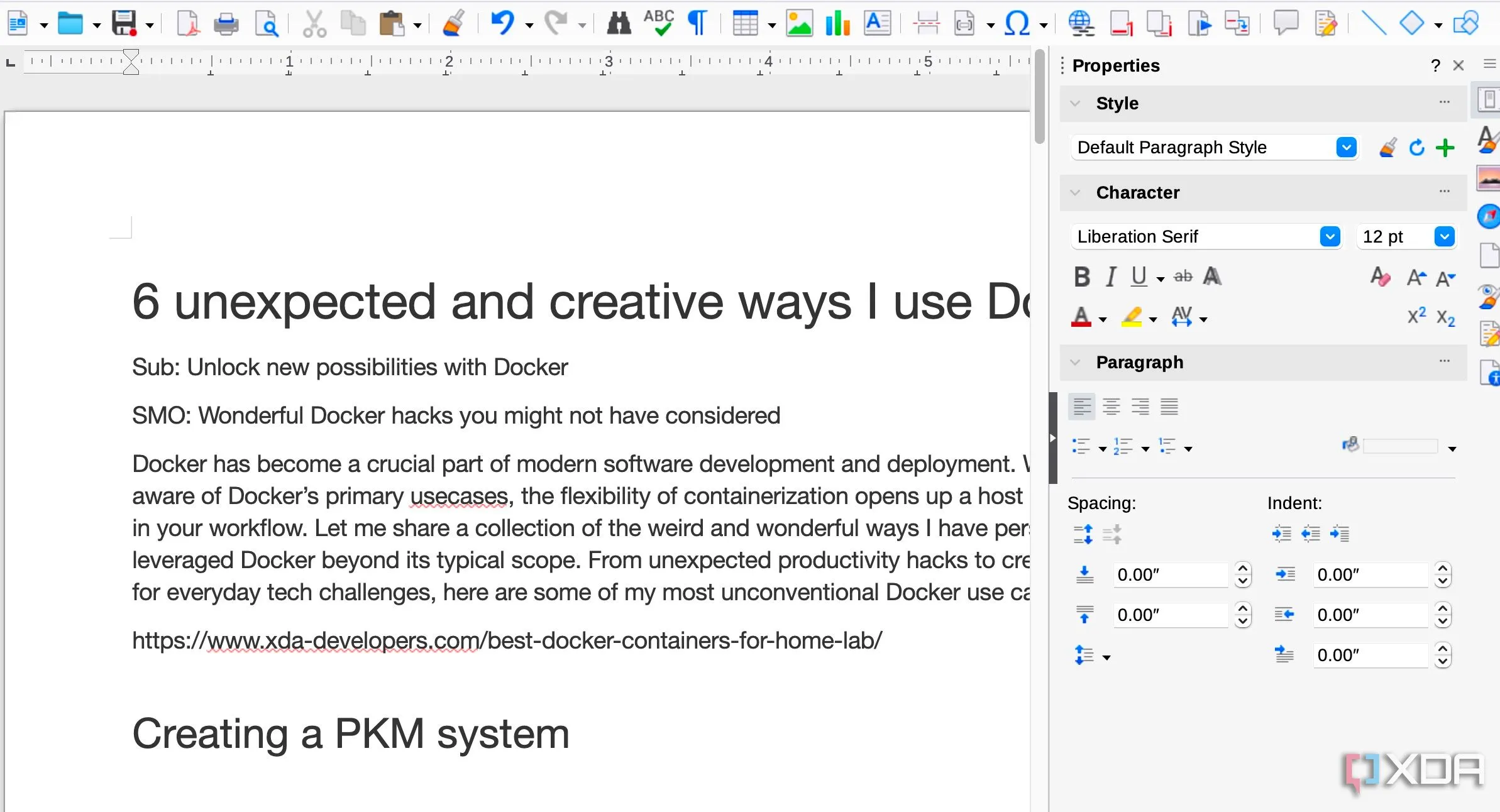 Giao diện LibreOffice Writer, minh họa khả năng chạy bộ ứng dụng văn phòng trong container Docker