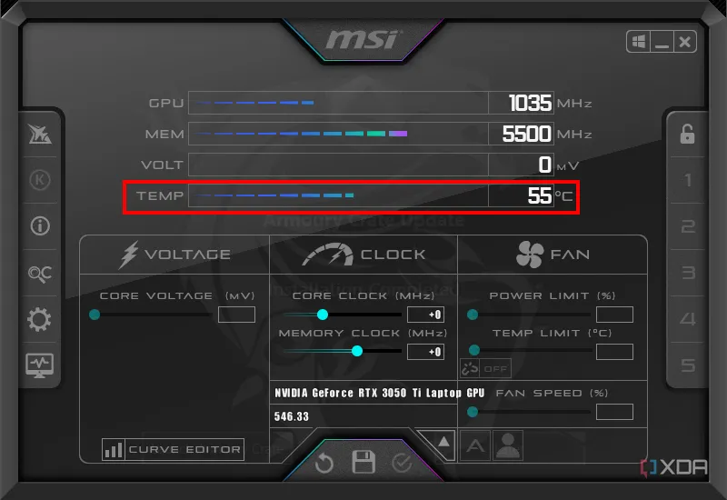 Giao diện MSI Afterburner hiển thị nhiệt độ GPU cao