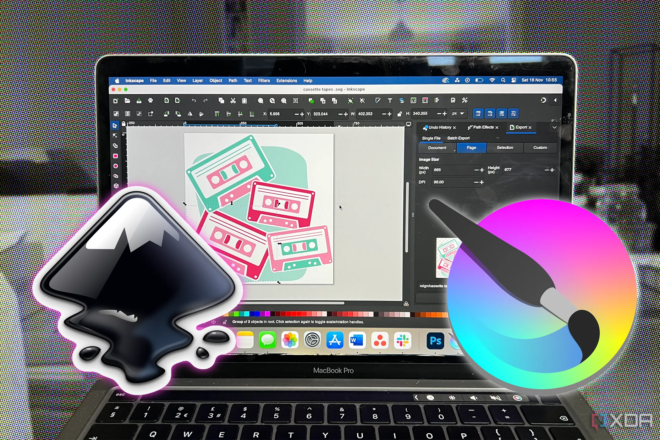 Giao diện phần mềm Inkscape đang chạy trên máy MacBook cùng các logo Krita và Inkscape minh họa khả năng thay thế Creative Cloud.