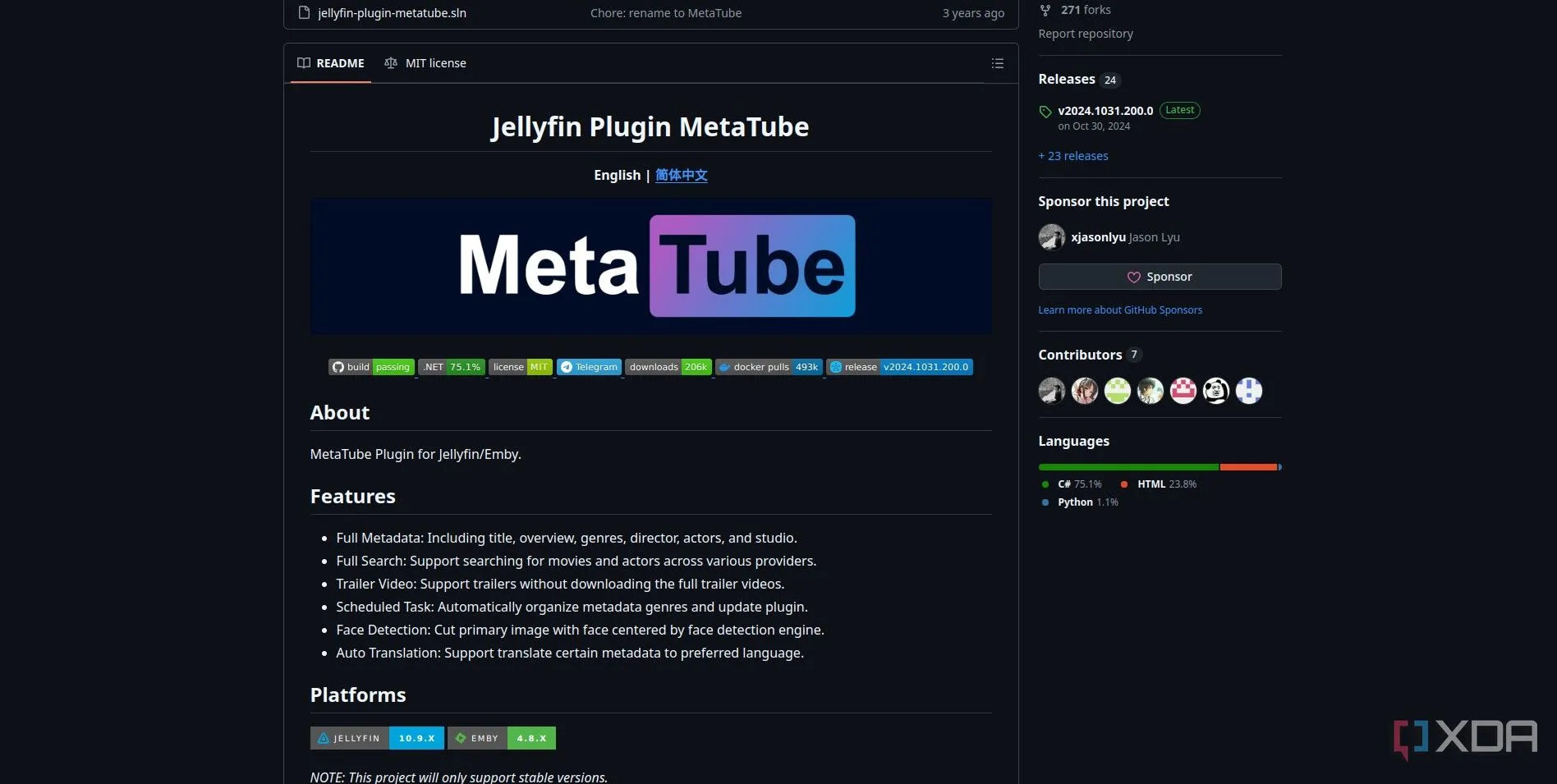 Giao diện plugin MetaTube hiển thị siêu dữ liệu phim trong Jellyfin