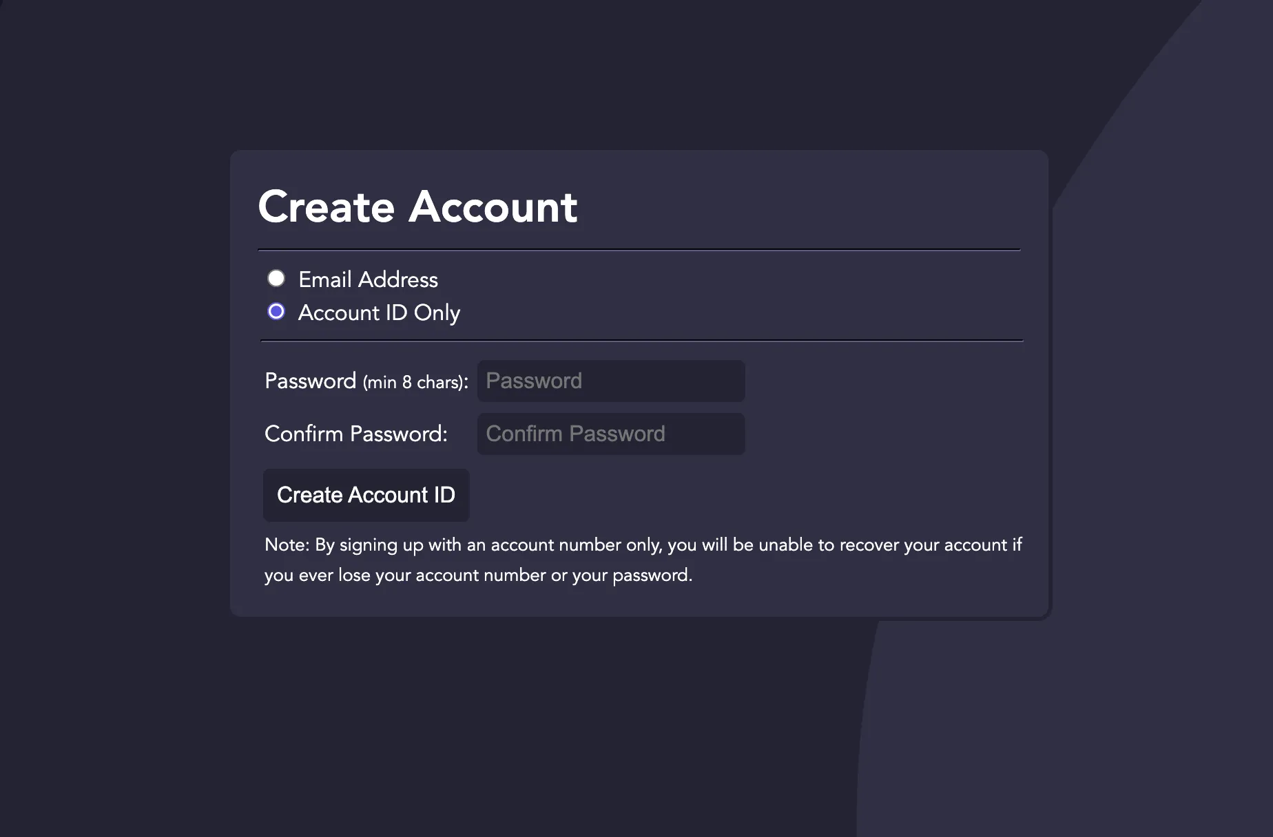 Giao diện tạo tài khoản YeetFile chỉ với Account ID, không yêu cầu email